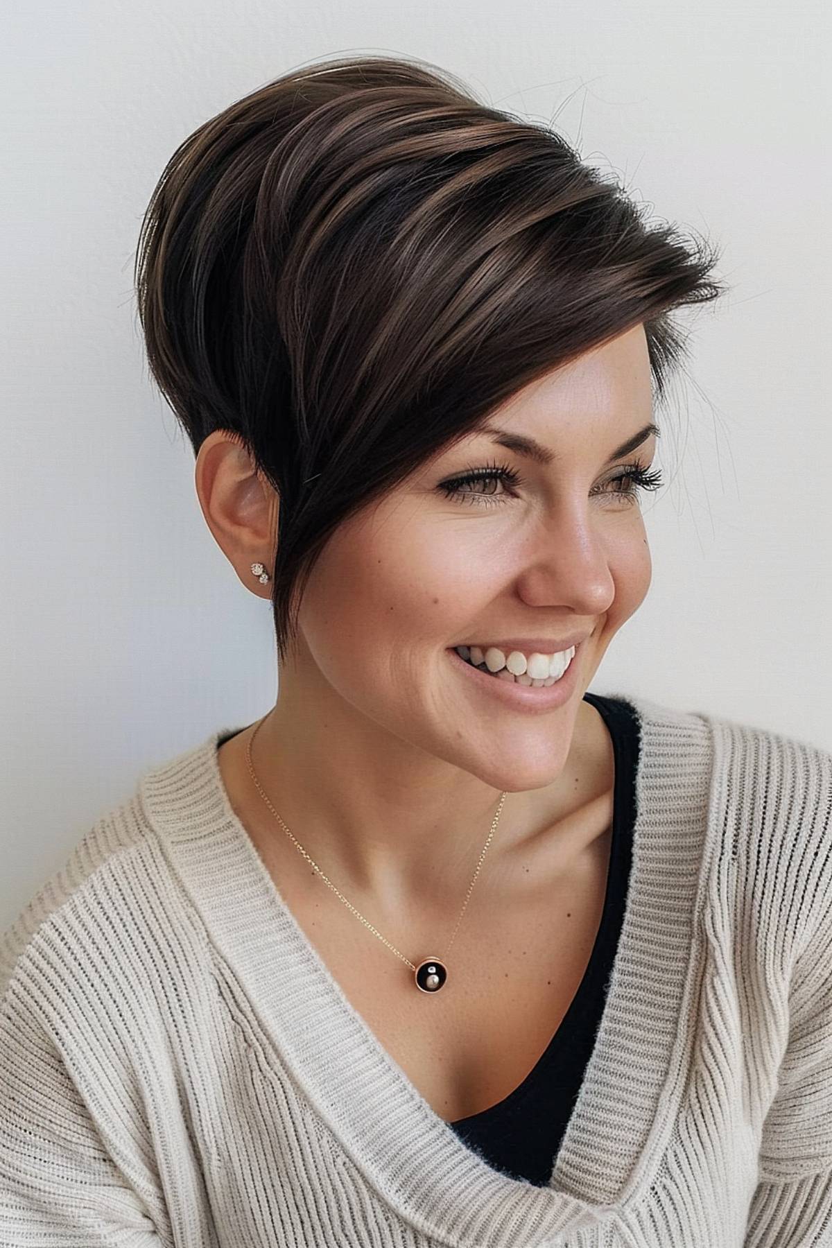 Woman with an angled pixie cut styled sleekly, showcasing the precise lines and polished finish of the hairstyle.