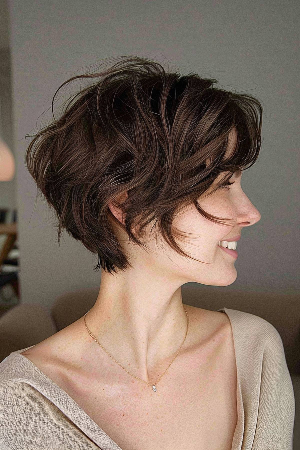 A woman with a playfully angled pixie cut, featuring 3D irregular layers that give the look a textured and lively appearance.