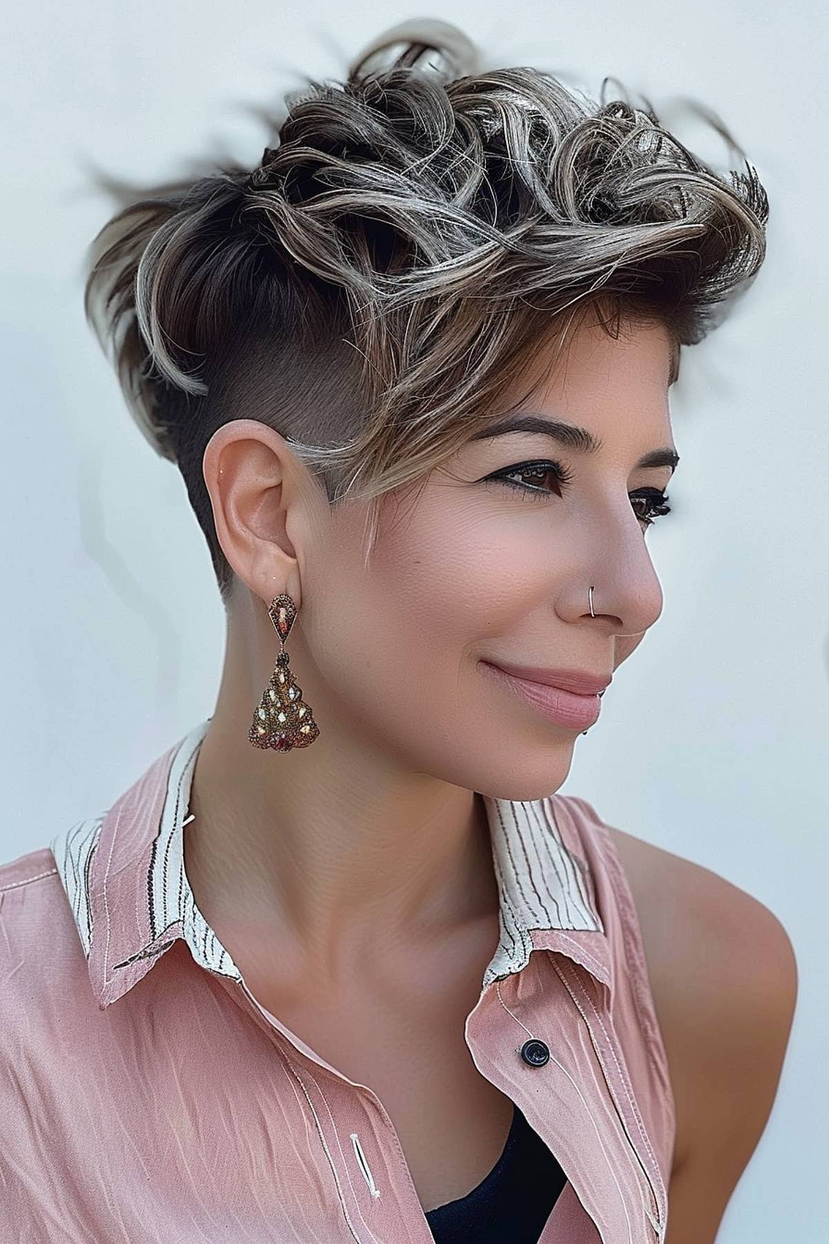 A woman with an angular pixie cut, featuring soft waves on the top of her head and a subtle undercut, combines softness with edge.