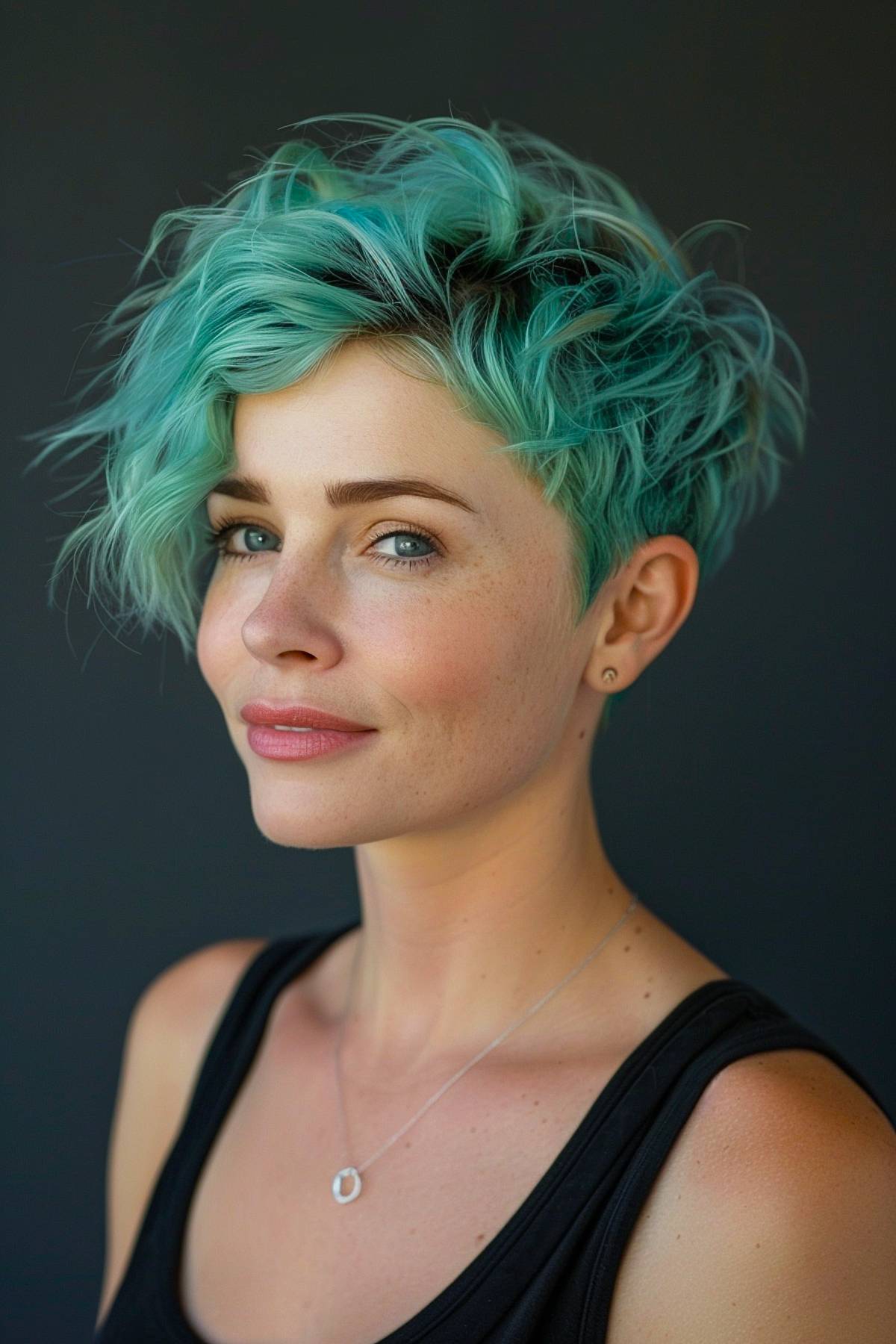 Aqua green wavy pixie haircut with layered crown