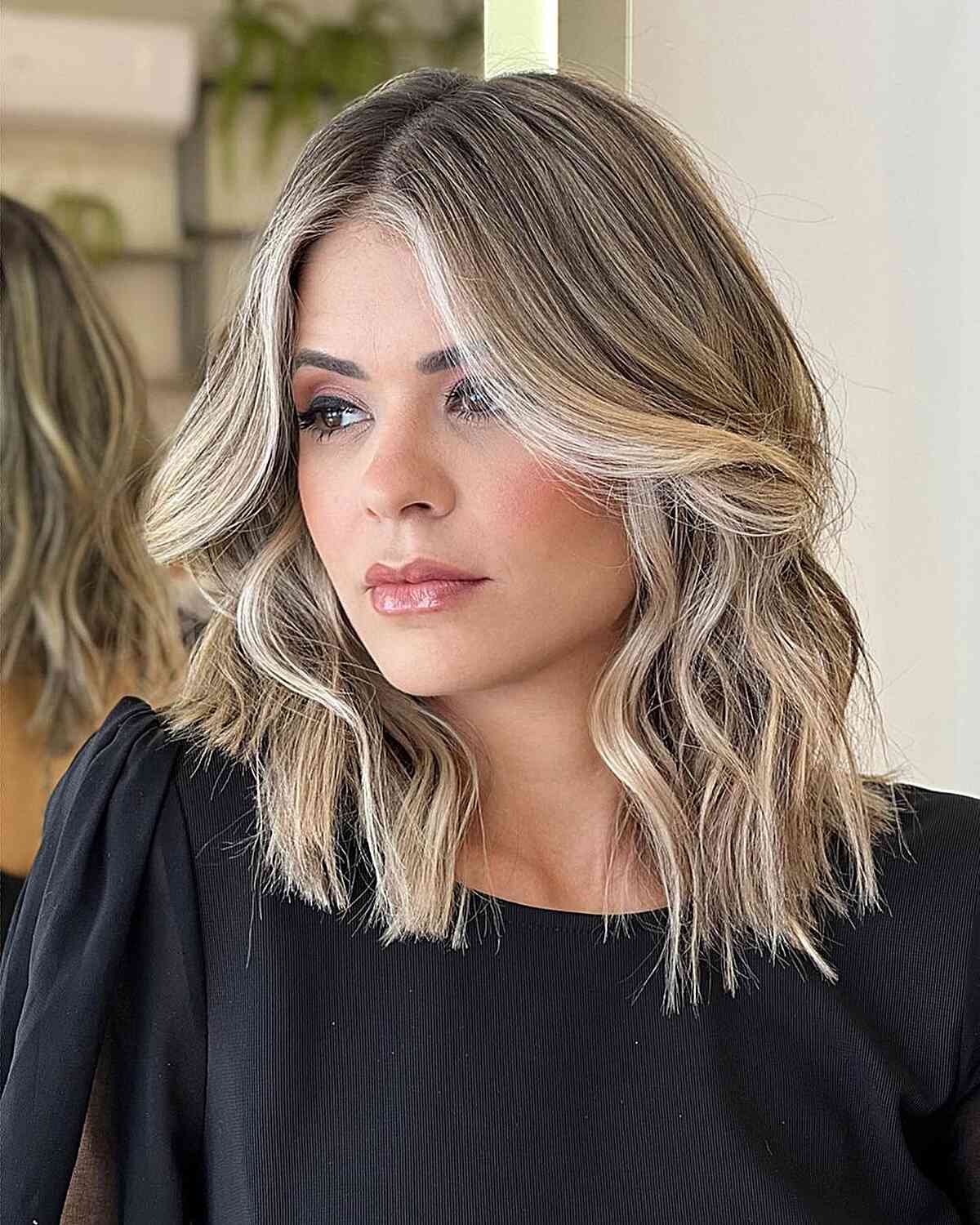 Ash Blonde Balayage Lob for Square Faces and for women with no bangs