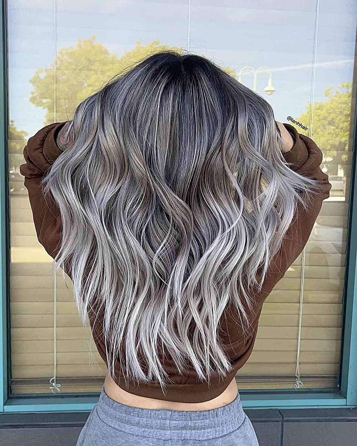 Ash Blonde Balayage with Darker Roots and blunt ends