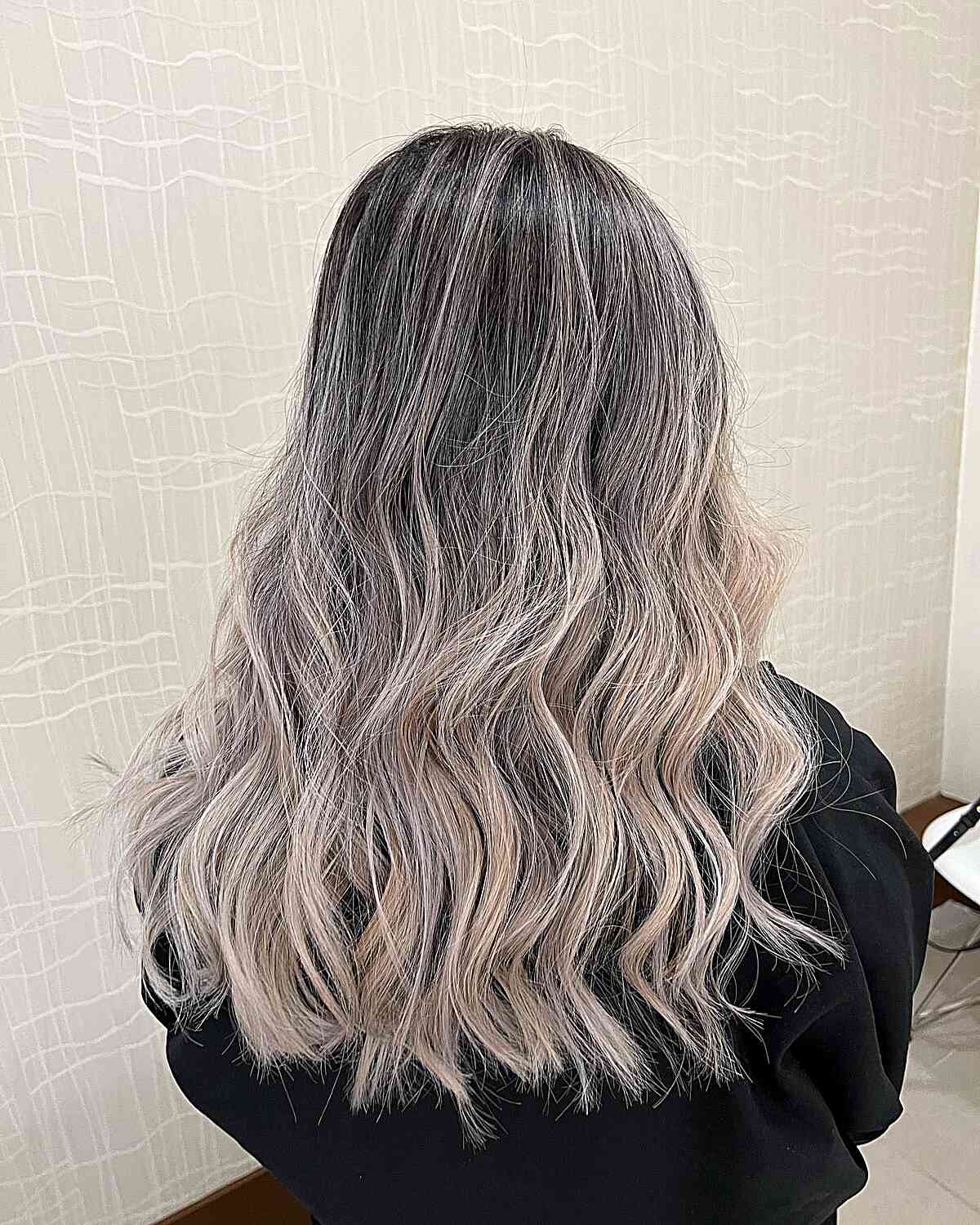 Long-Length Ash Blonde Ombre Grey Balayage for Dark Hair