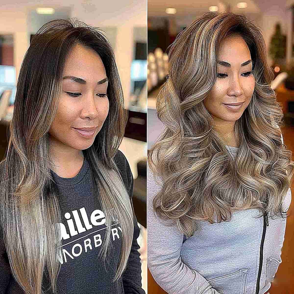 Medium-length ash blonde to gray ombre highlights on straight and wavy hair