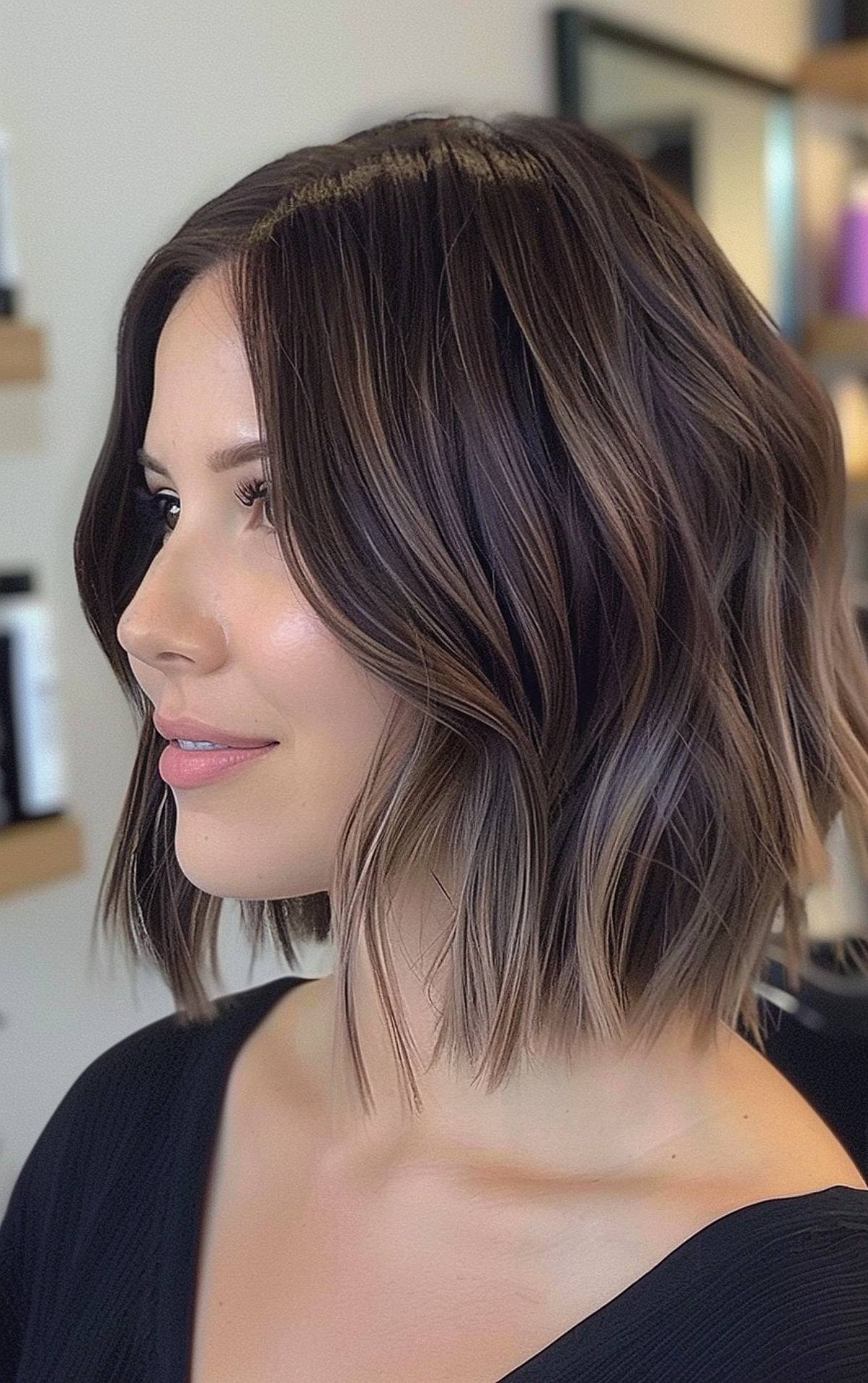 Ash brown balayage on dark short hair