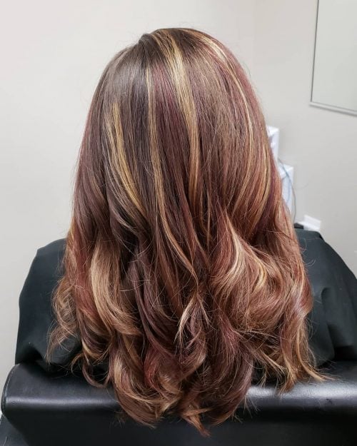 Warm Ash Brown Hair With Maroon Highlights