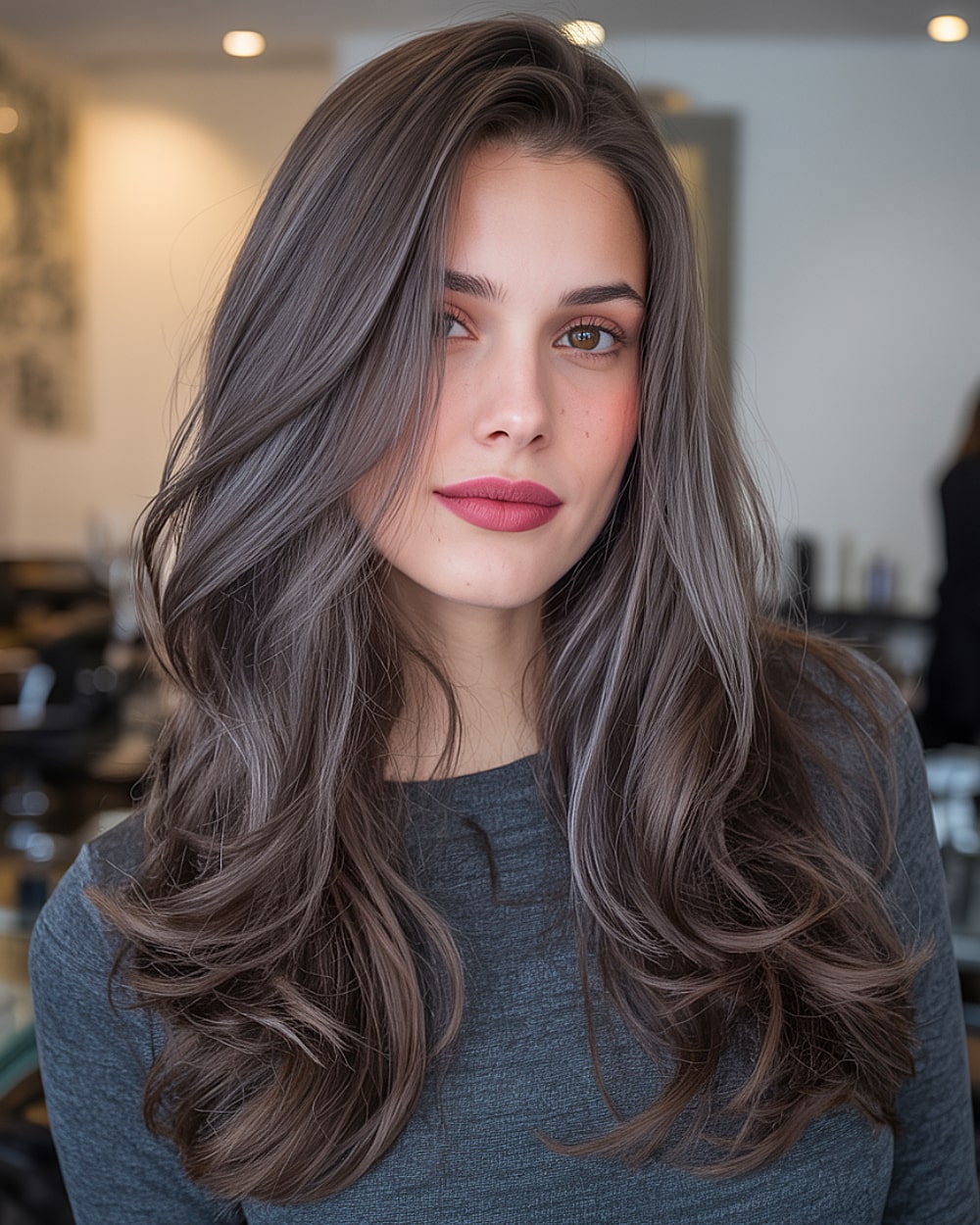 Cool ash brunette layered haircut with voluminous ends and face-framing shape