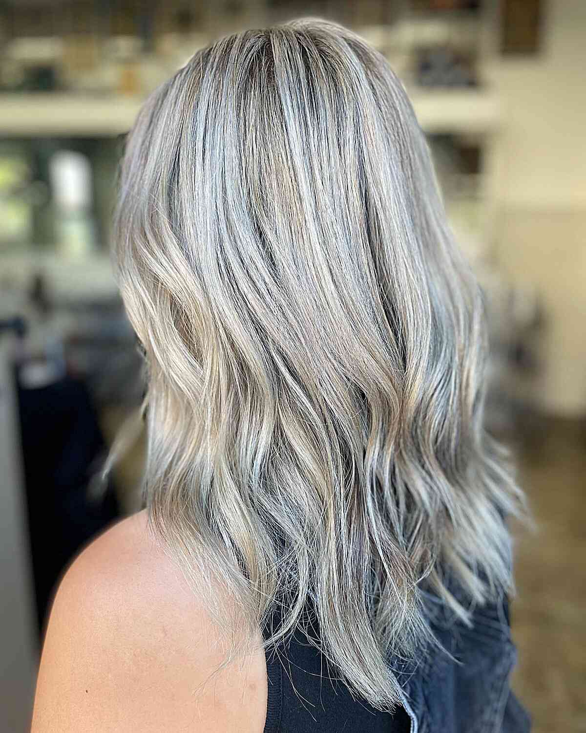 Ashy Grey Icy Tones for Mid-Length Balayage Hair with Soft Layers