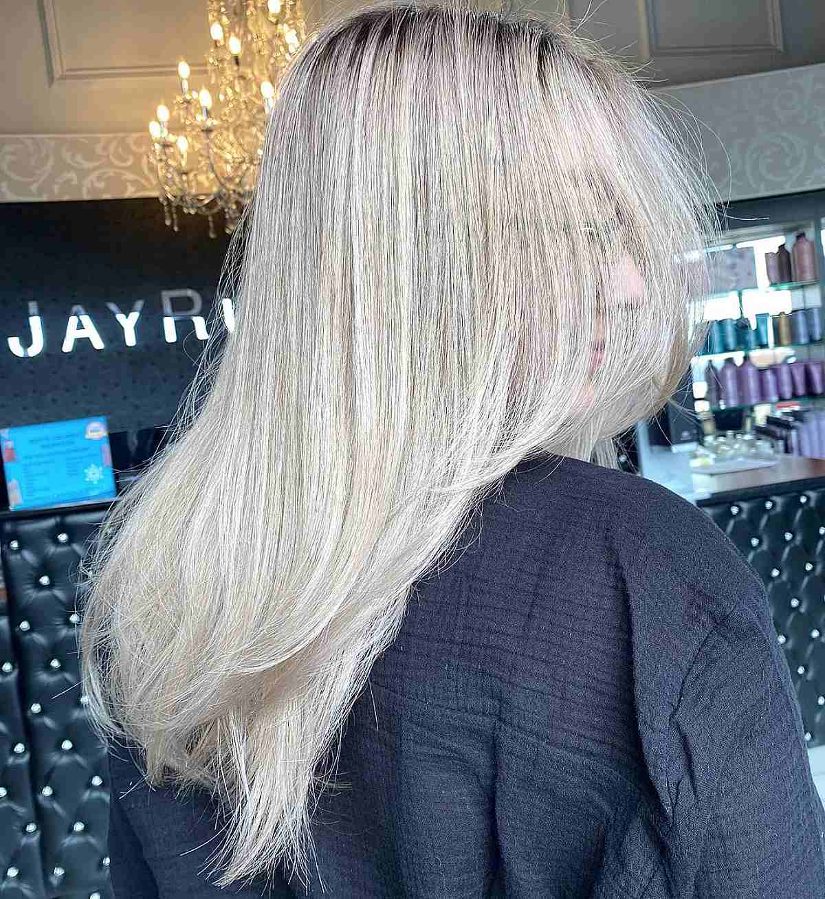 Ashy White Blonde on V-Cut Layered Hair