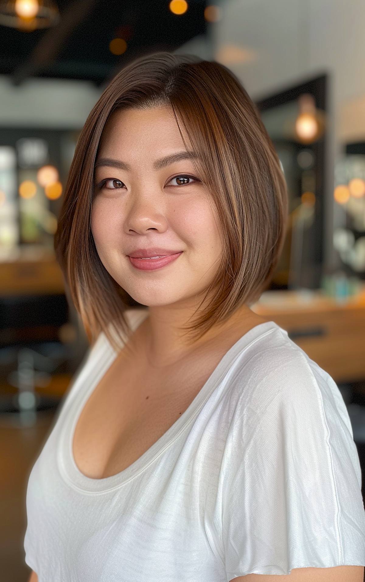 Chin-length bob for Asian hair and chubby face