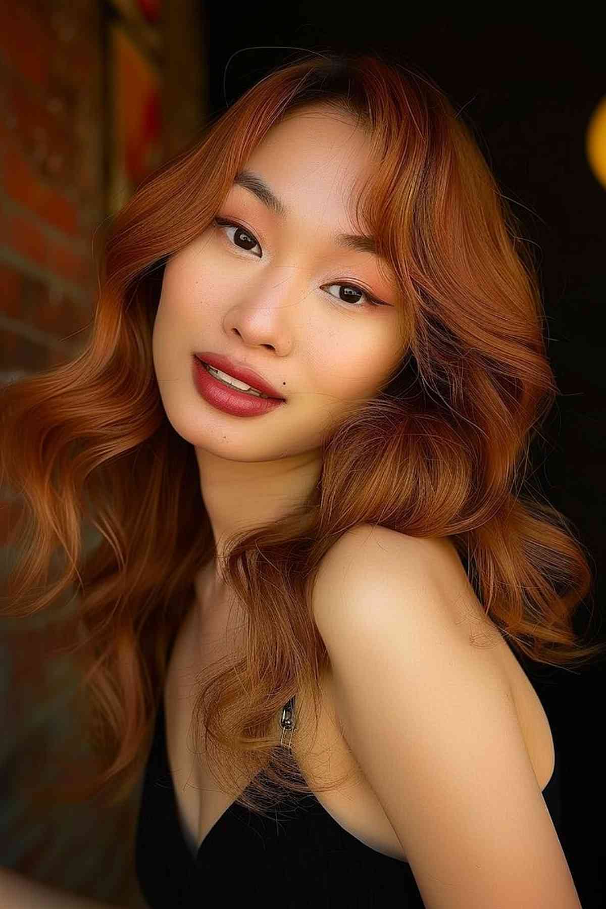 Ginger copper hair with a soft wave, inspired by Asian beauty