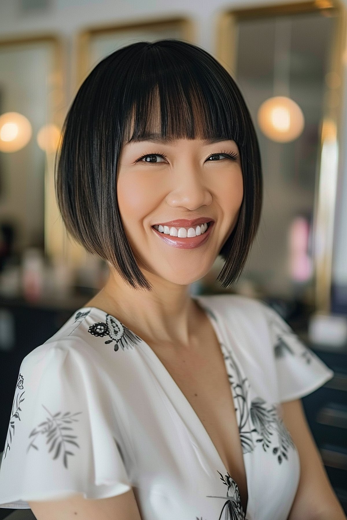 Asian woman with sleek chin-length Chinese bob haircut