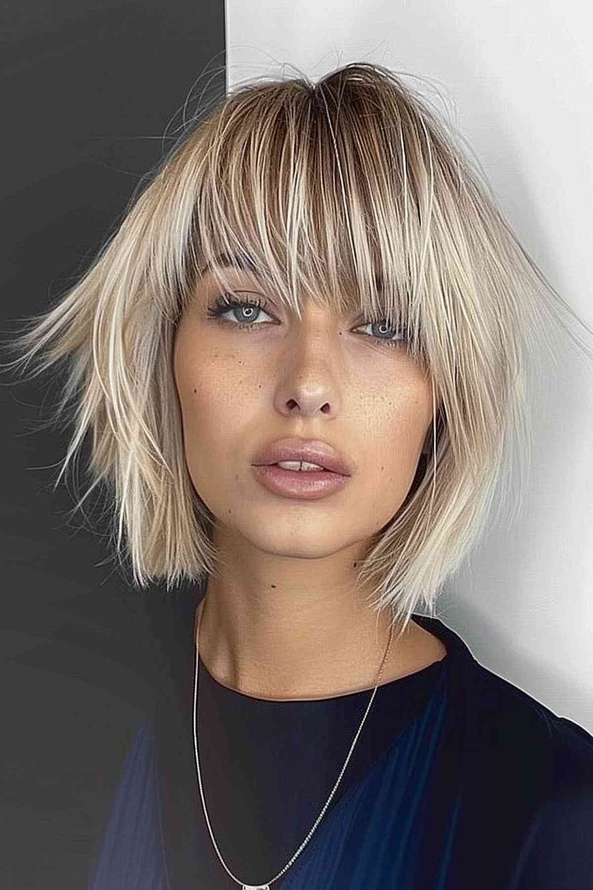 Woman with an asymmetric fringe bob haircut showing soft textures and choppy bangs, ideal for adding volume to fine hair.