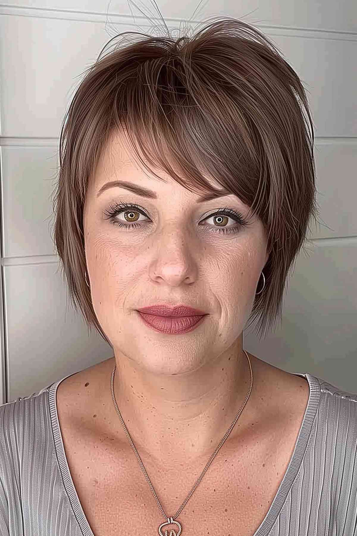 Woman over 40 with an elegant bob and asymmetric fringe, offering a stylish yet manageable look.