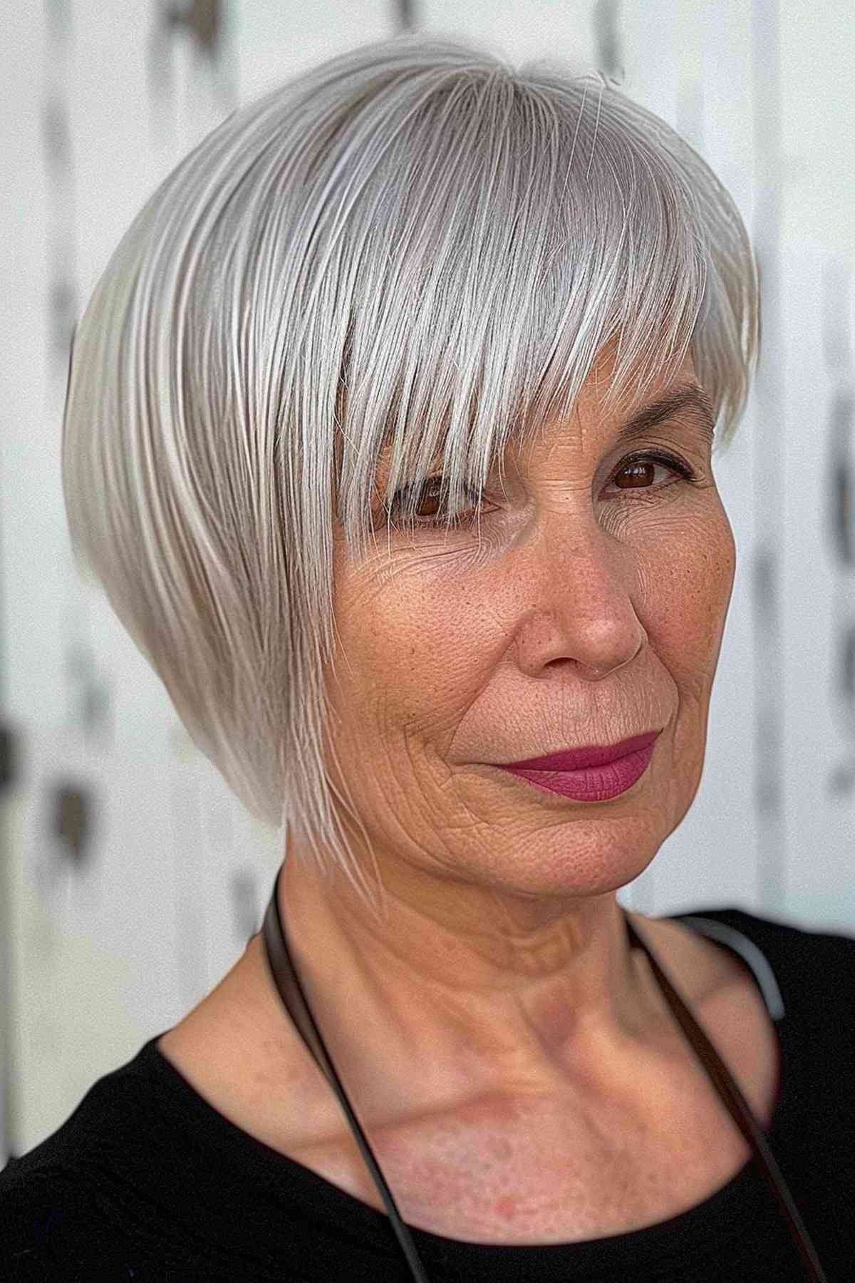 Senior woman with a sleek silver bob featuring an asymmetric fringe, showcasing a chic and age-appropriate hairstyle.