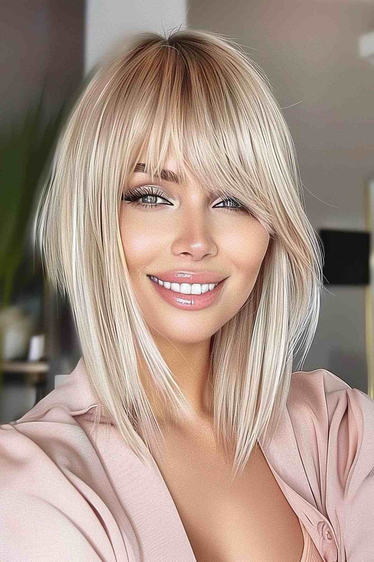 Woman with sleek, straight hair and asymmetric fringe, highlighted by a light blonde color, offering a chic and polished look. 