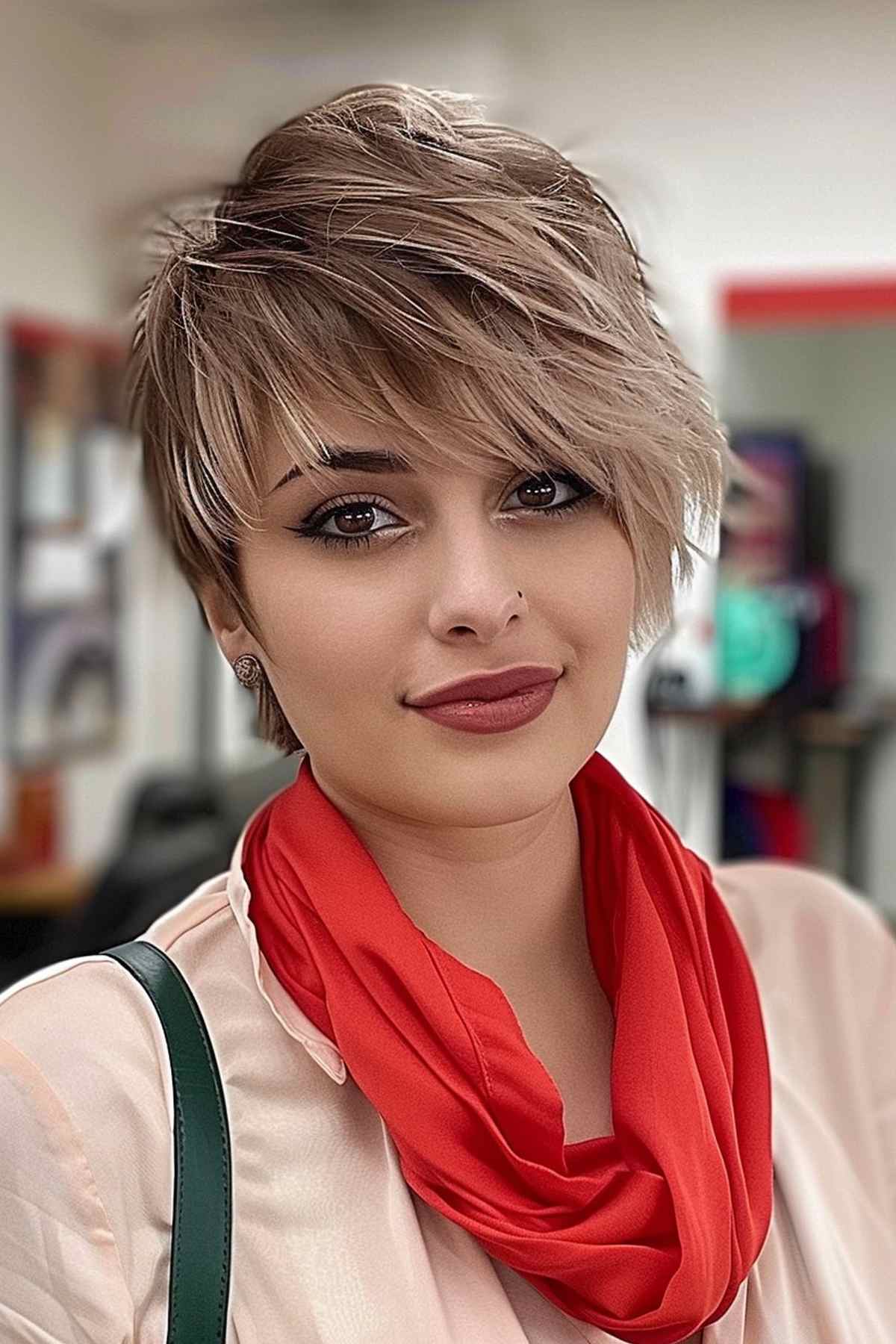 Woman with a stylish asymmetric fringe and dimensional lowlights in a layered pixie haircut, looking modern and sophisticated.