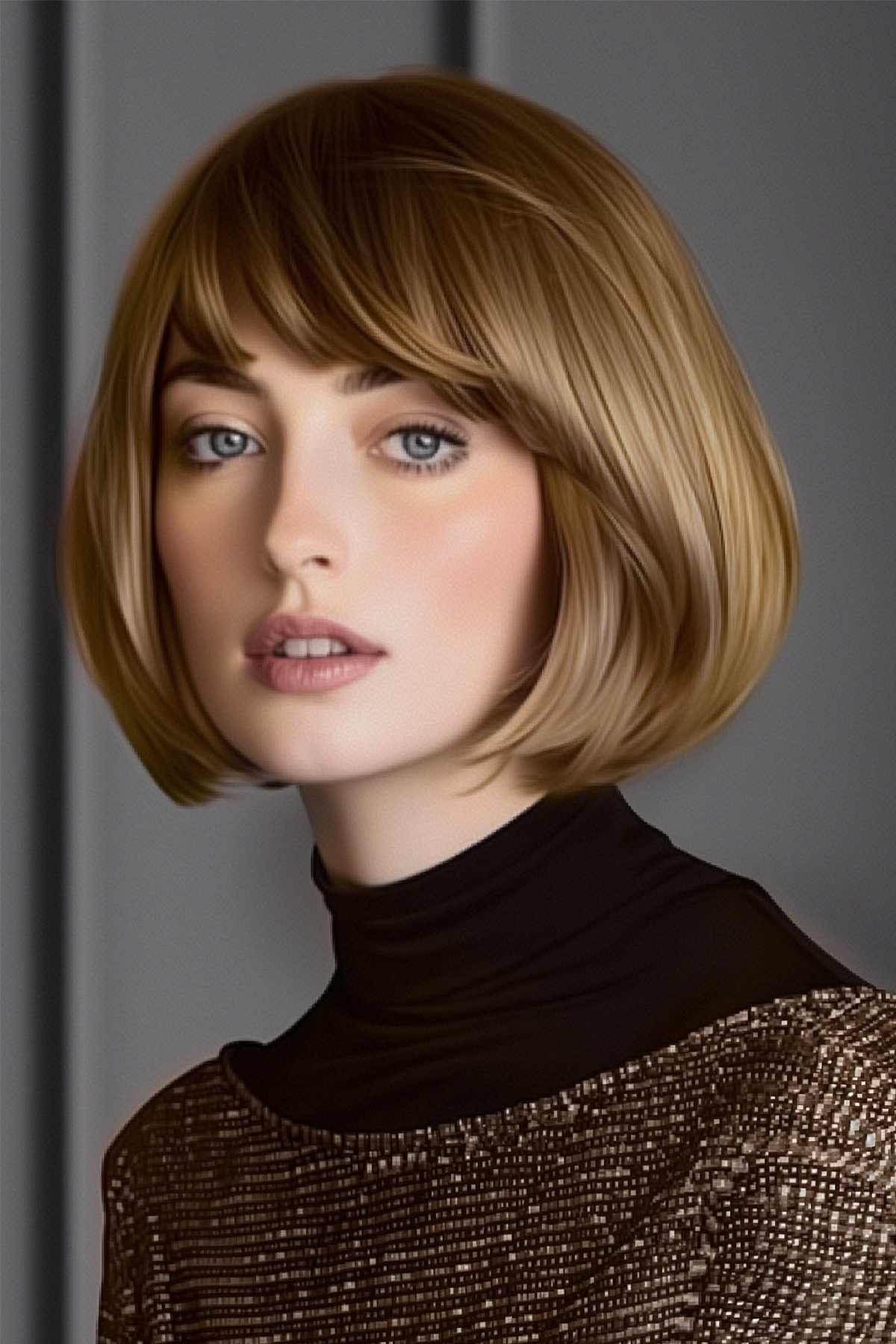 Woman with an elegant bob and soft asymmetric fringe, styled to add volume and soften facial features, ideal for fine to medium hair.