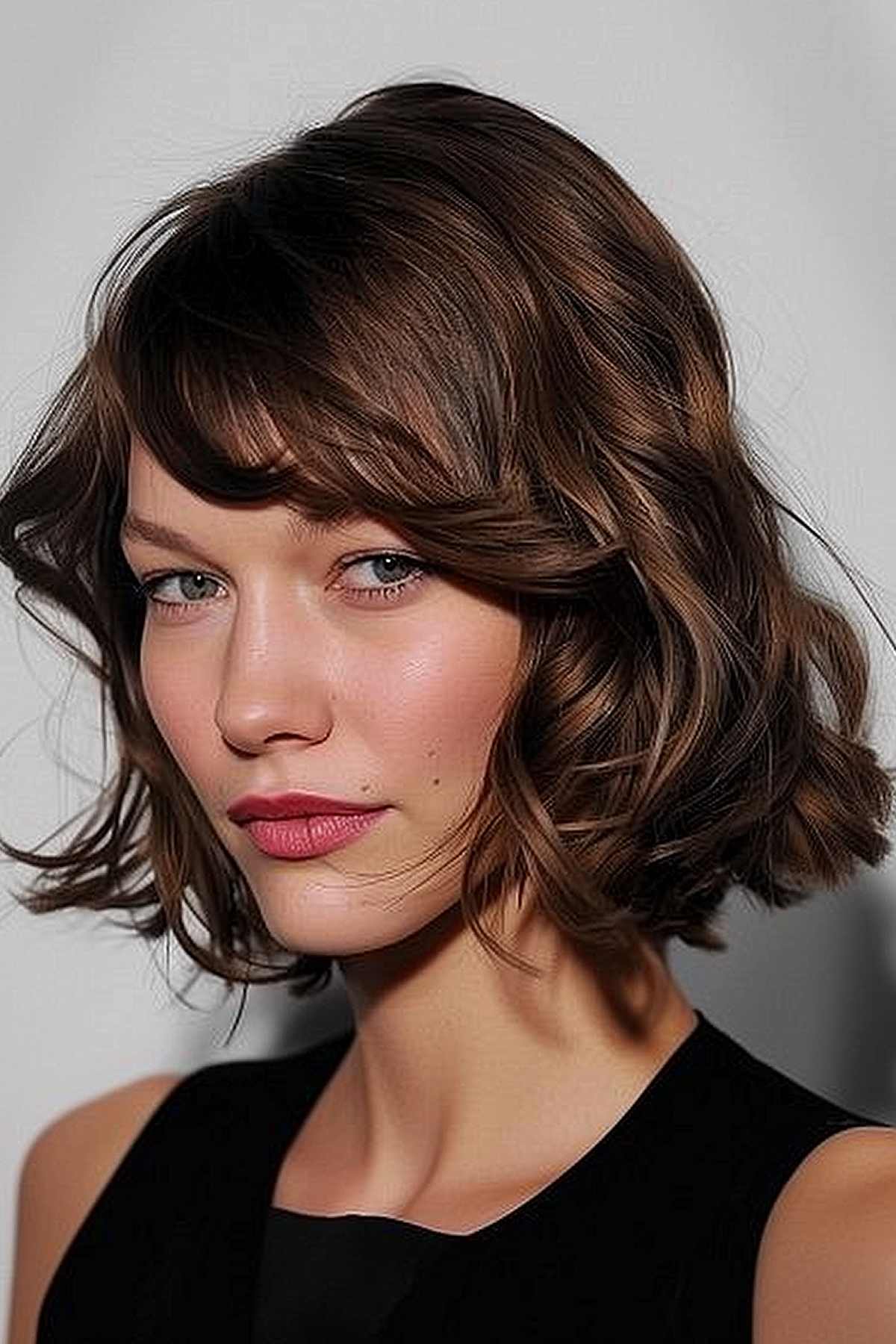 Woman with a bob featuring textured waves and asymmetric fringe, designed to enhance volume and soften facial features.