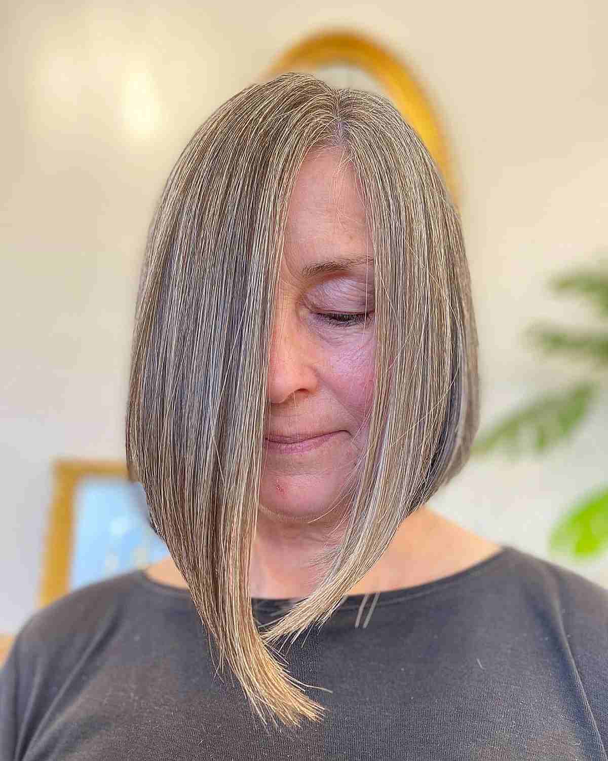 Asymmetric Long Grey Bob for Women Over 60
