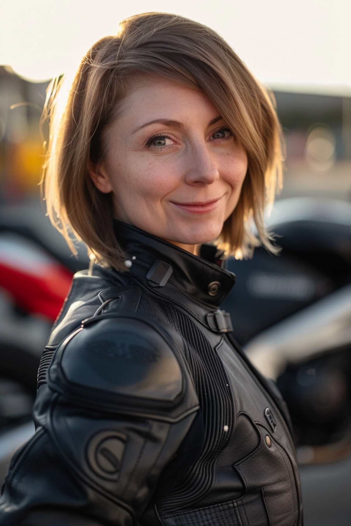 Woman with an asymmetrical bob in a biker jacket