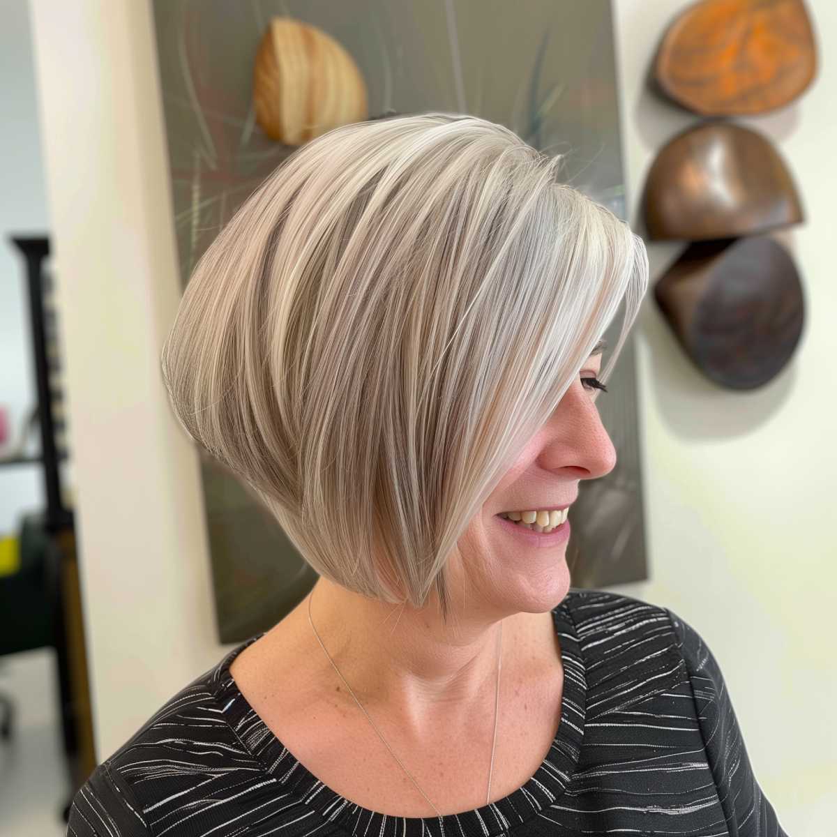 Side view of a woman with an asymmetrical bob hairstyle featuring a sleek, angled cut and platinum blonde color with subtle lowlights.