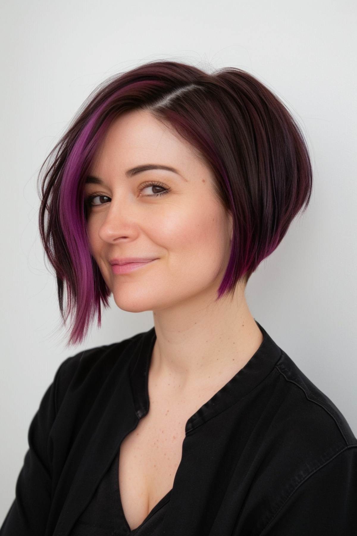 Asymmetrical bob with plum highlights and angled cut