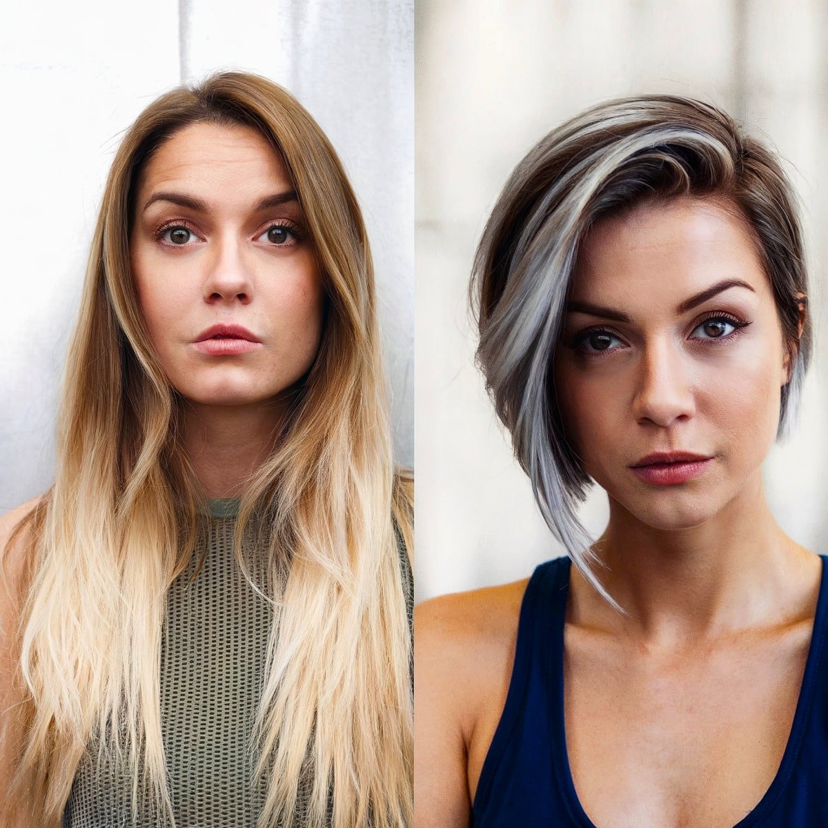 Before and after of long blonde hair transformed into a sleek asymmetrical bob with silver highlights