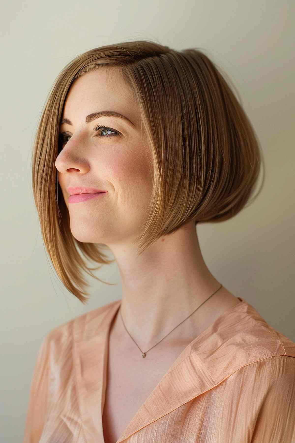 A chin-length asymmetrical bob with longer hair in the front and shorter hair in the back.