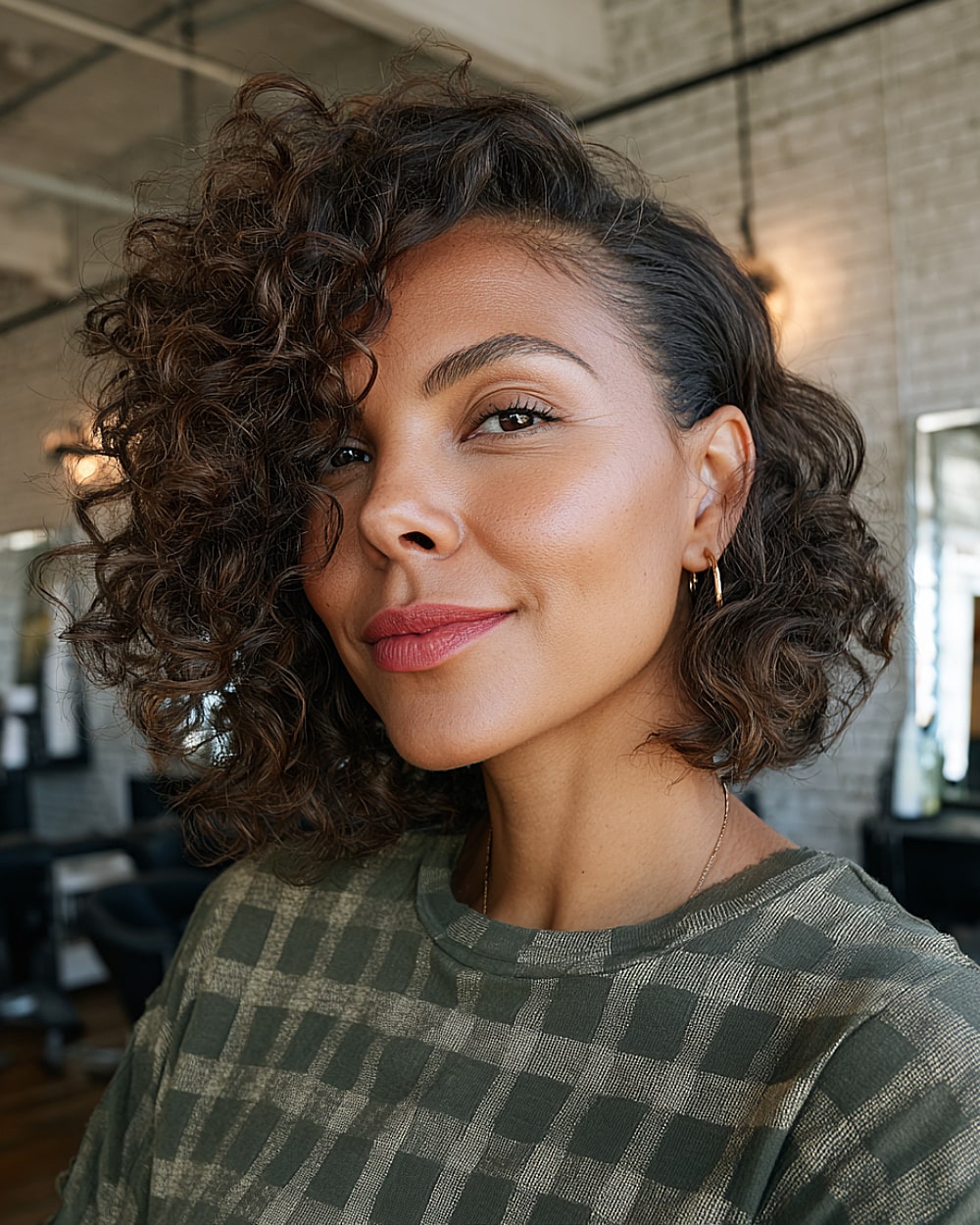 Asymmetrical curly bob with side volume and angled shape