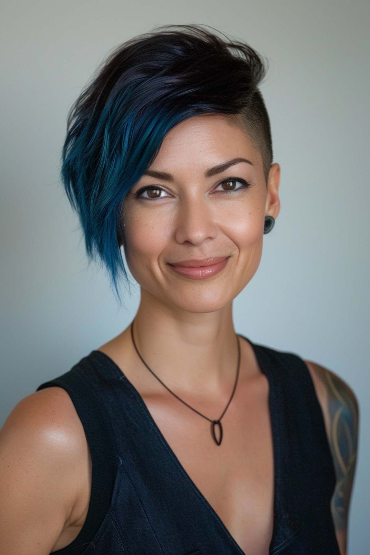 Asymmetrical cut with shaved sides and blue highlights