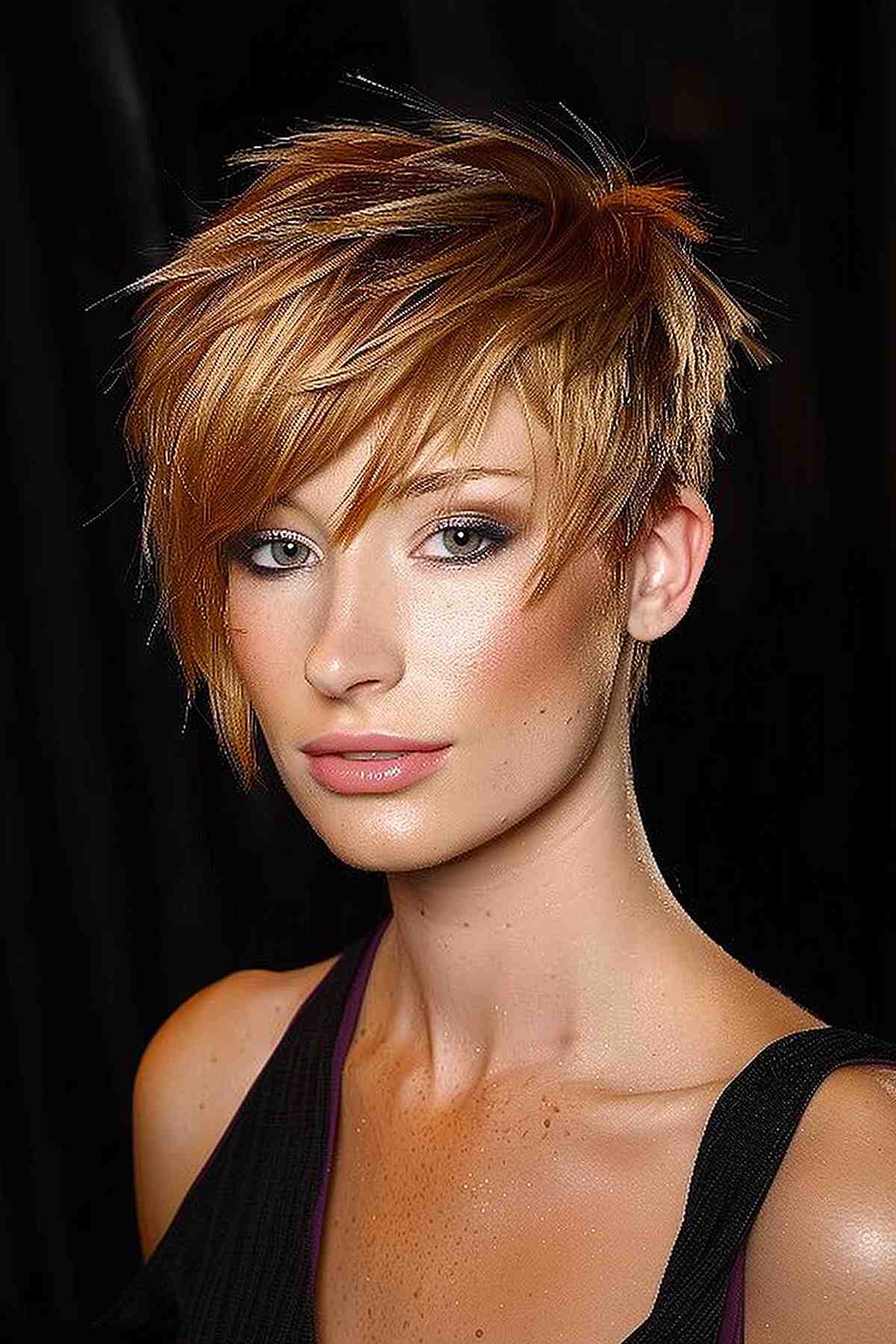Asymmetrical elf crop haircut with vibrant copper color and longer layers on one side.