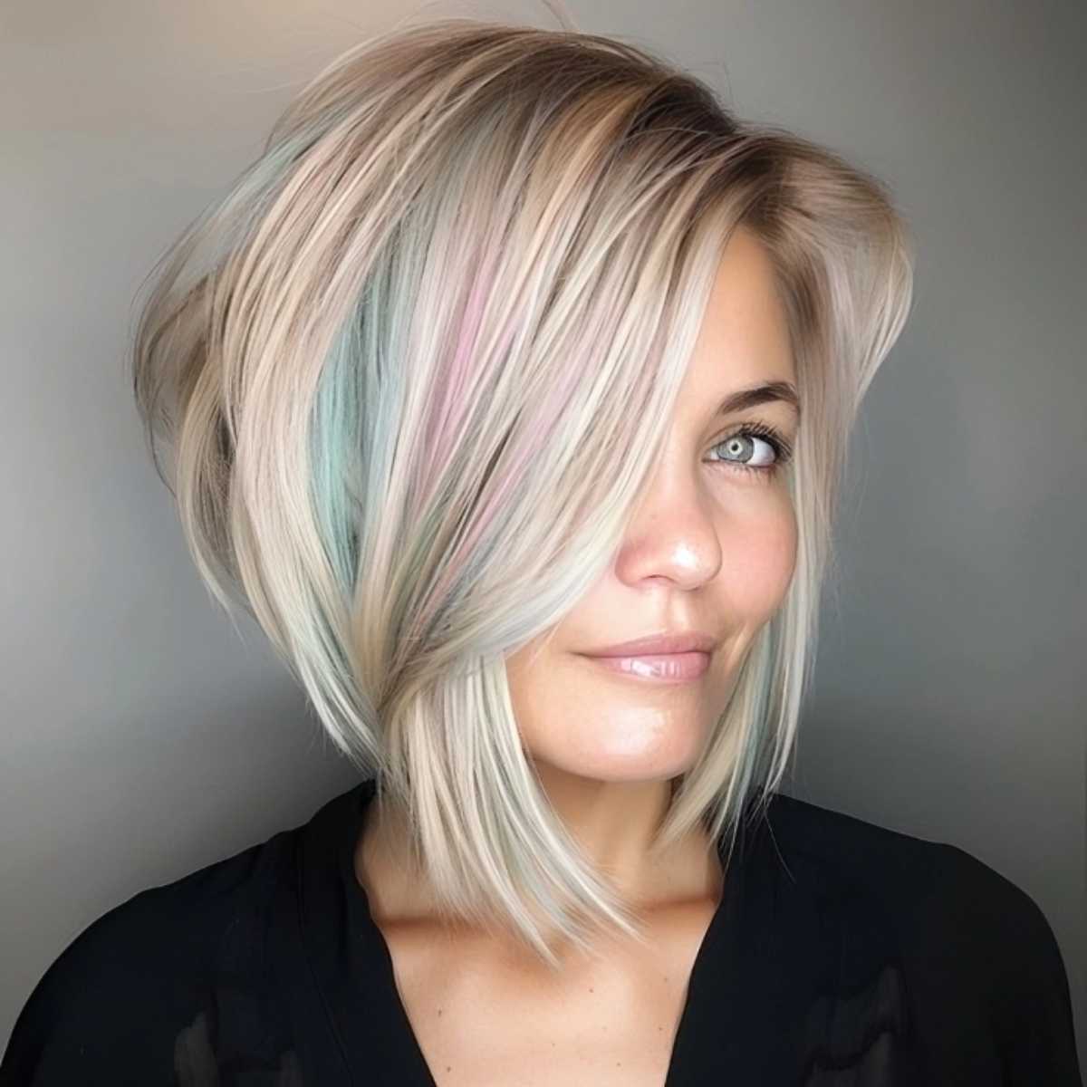 Asymmetrical Inverted Bob with Layers and Pastel Highlights