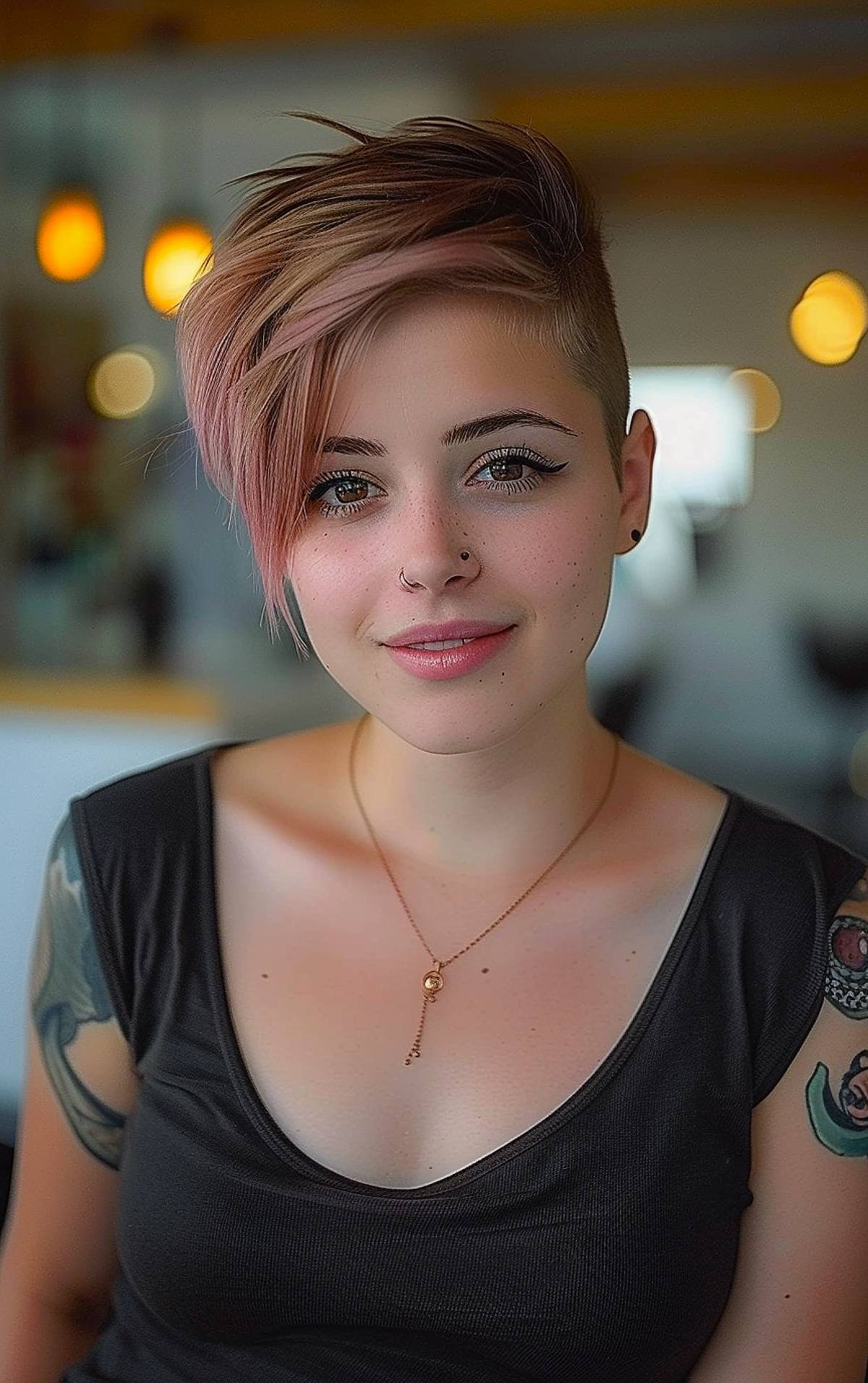 Asymmetrical pixie with shaved sides and pastel pink highlights for straight hair