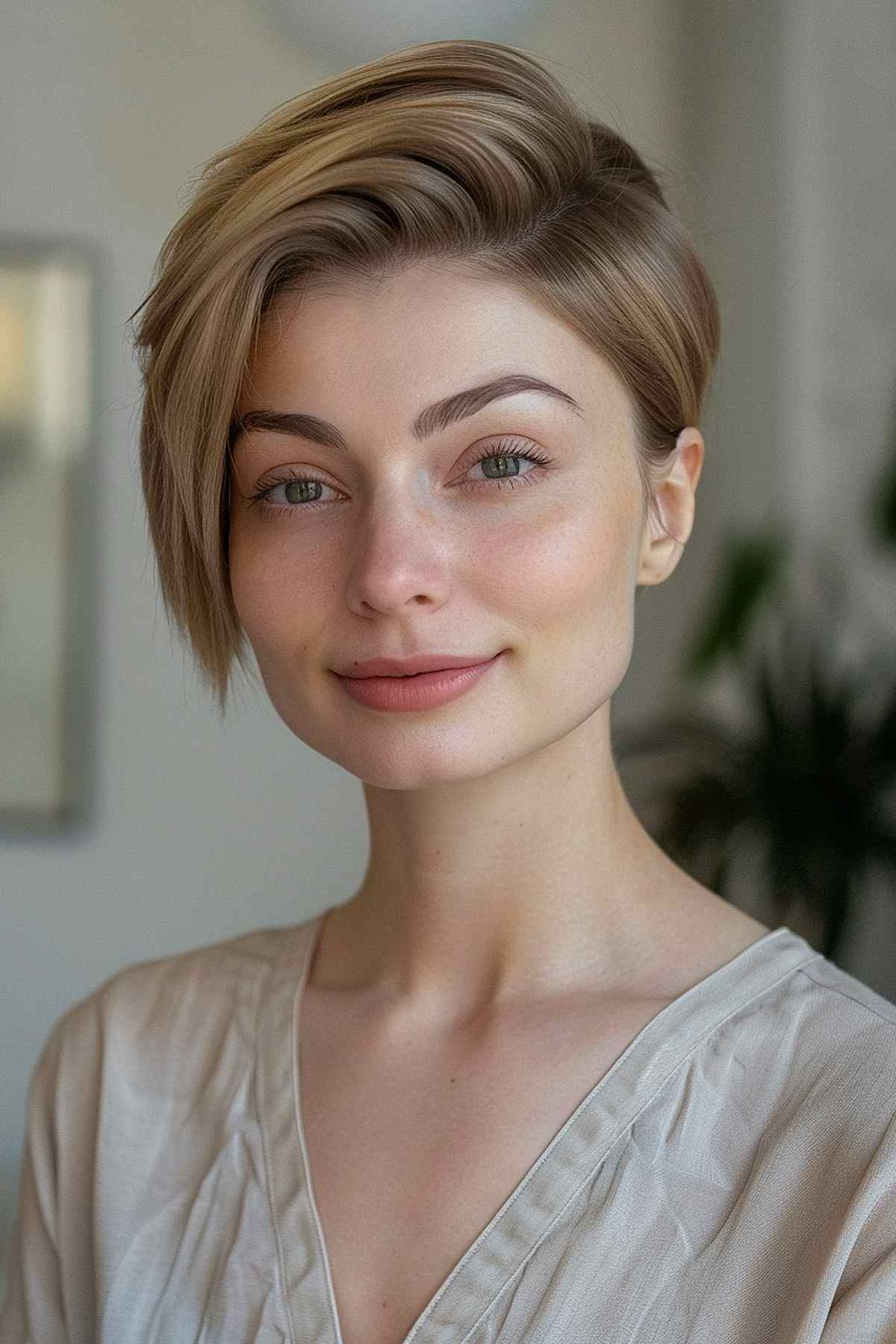 Asymmetrical side-parted long pixie cut with uneven lengths