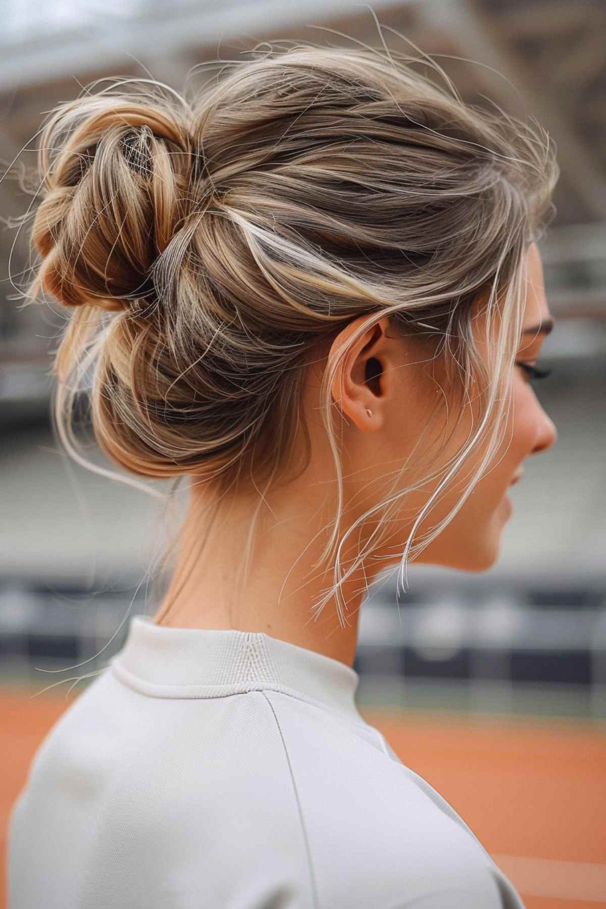 messy bun for softball games and sports