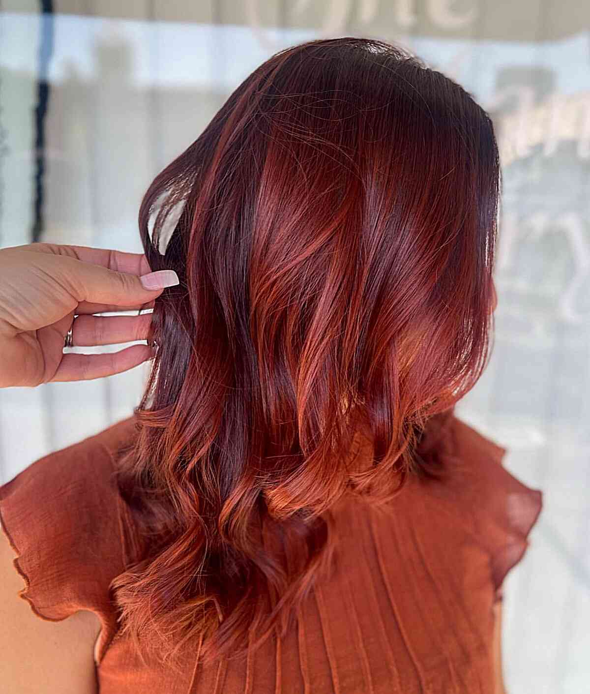 Auburn Cherry Red Balayage for Mid-Length Hair