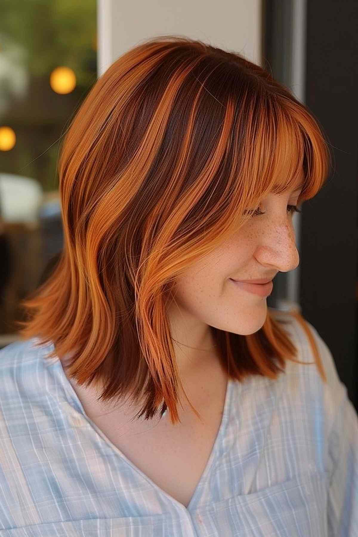 Shoulder-length auburn hair with chunky blonde highlights and blunt bangs