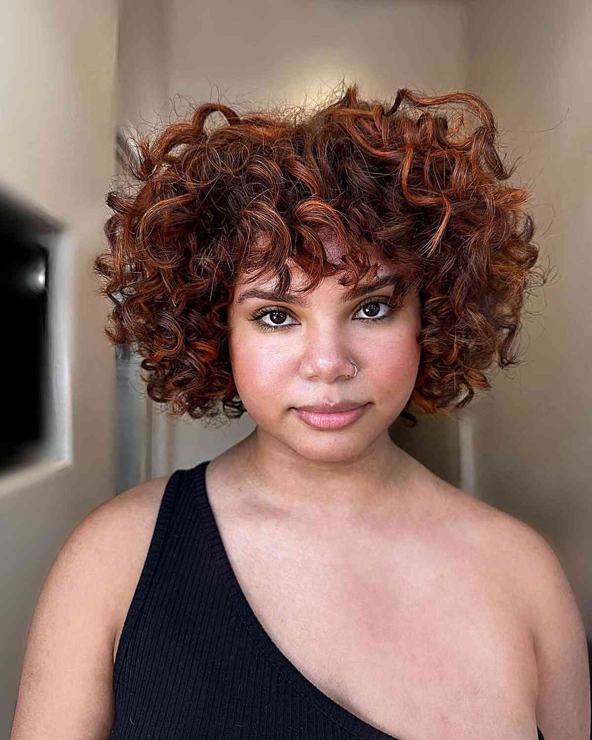 Auburn Highlights for Short Curly Hair with Bangs for women with thick kinks