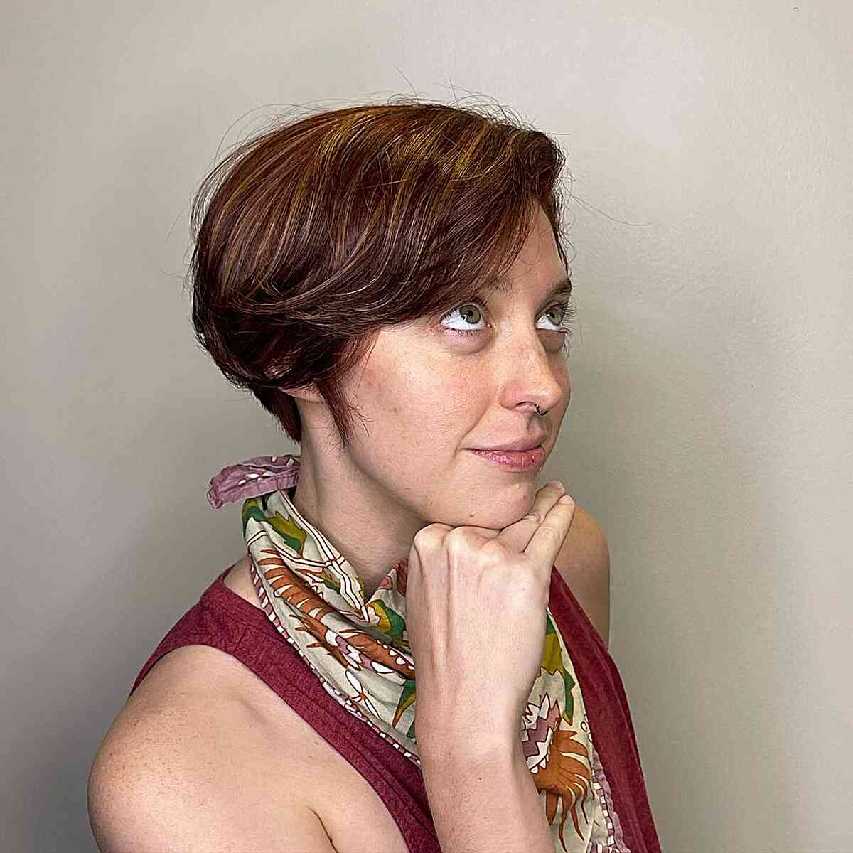 Auburn Mahogany Long Pixie with Partial Highlights