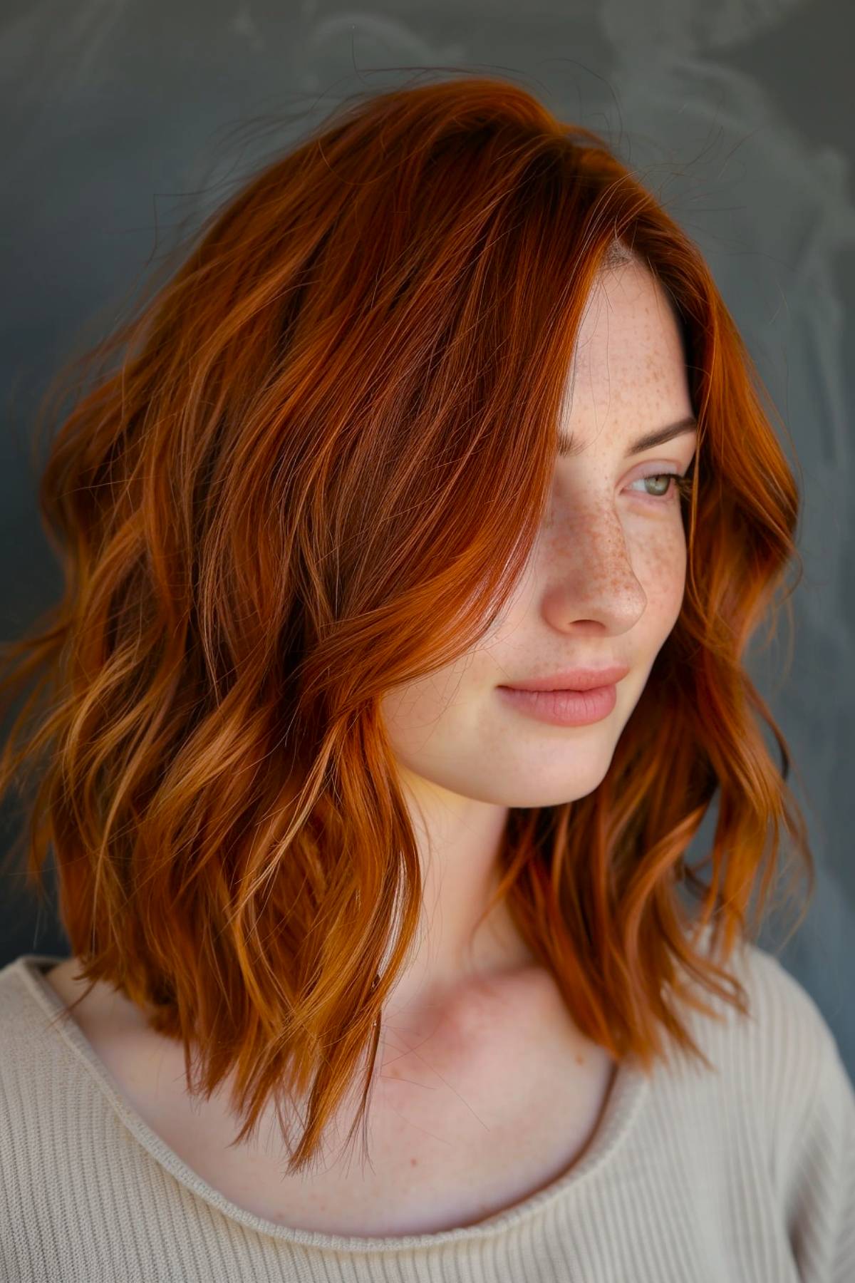 Auburn brown hair color with red undertones in waves