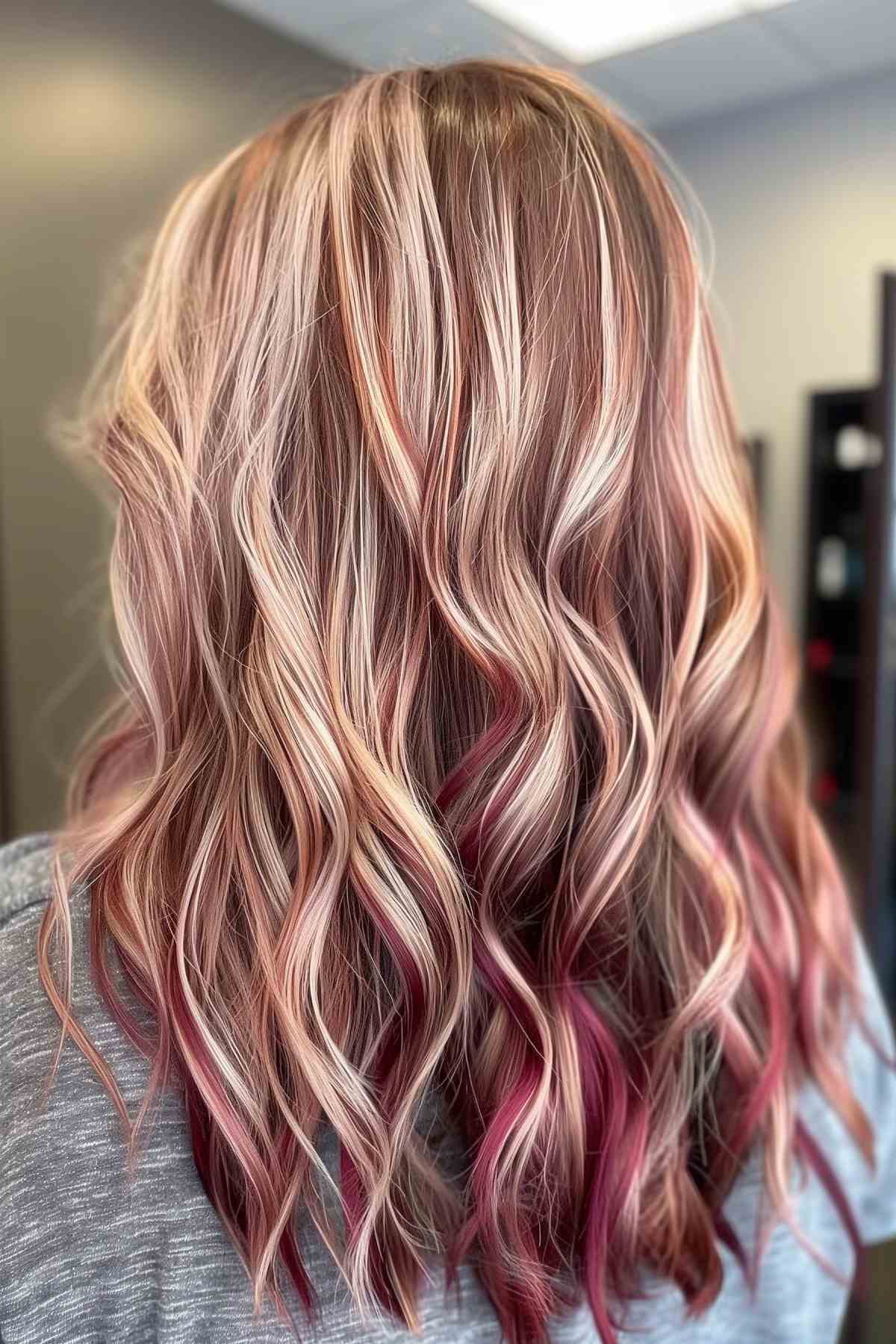 Back view of auburn waves with pink highlights