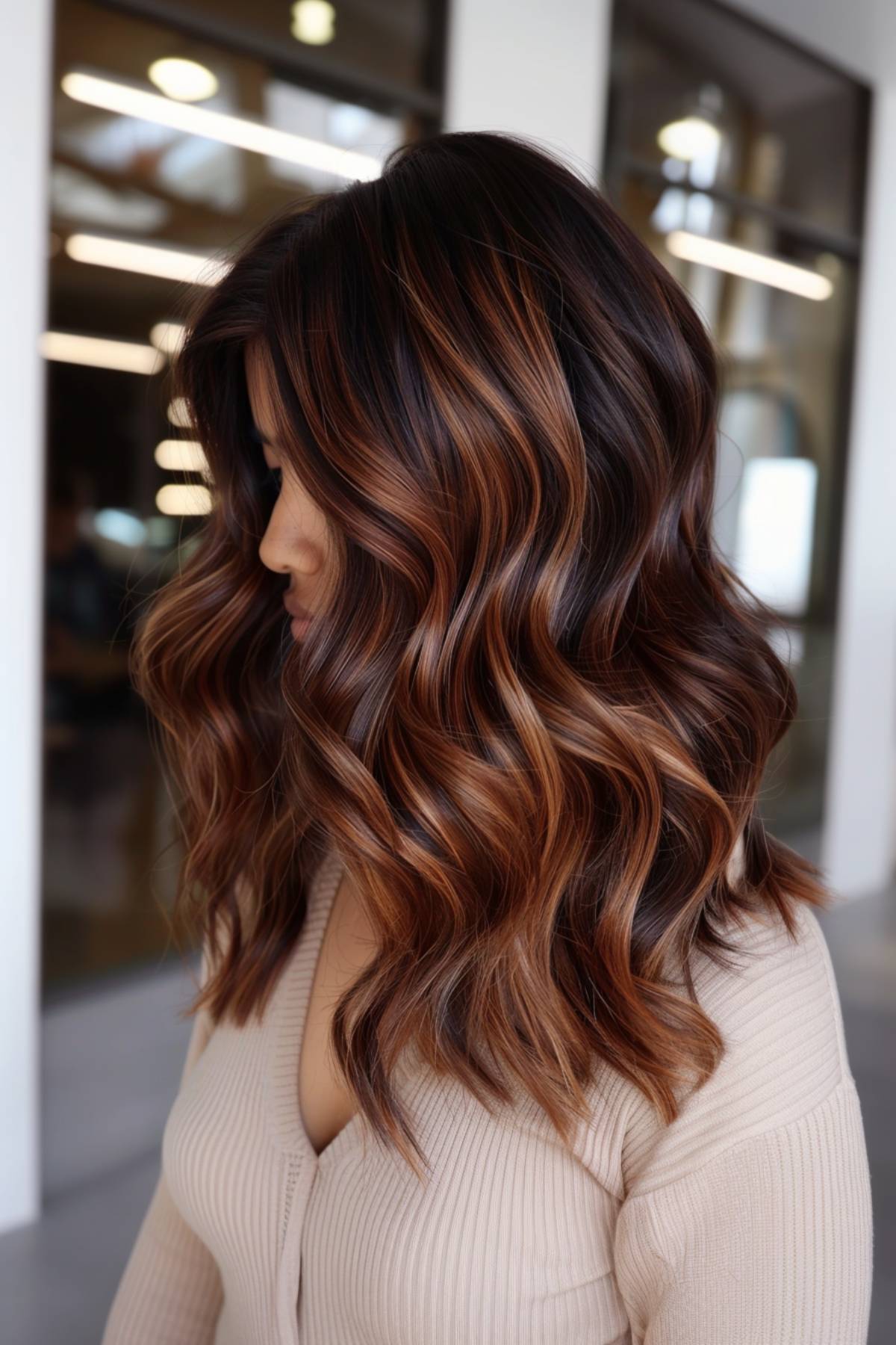 Dark brown hair infused with warm auburn and golden copper highlights, styled in soft waves