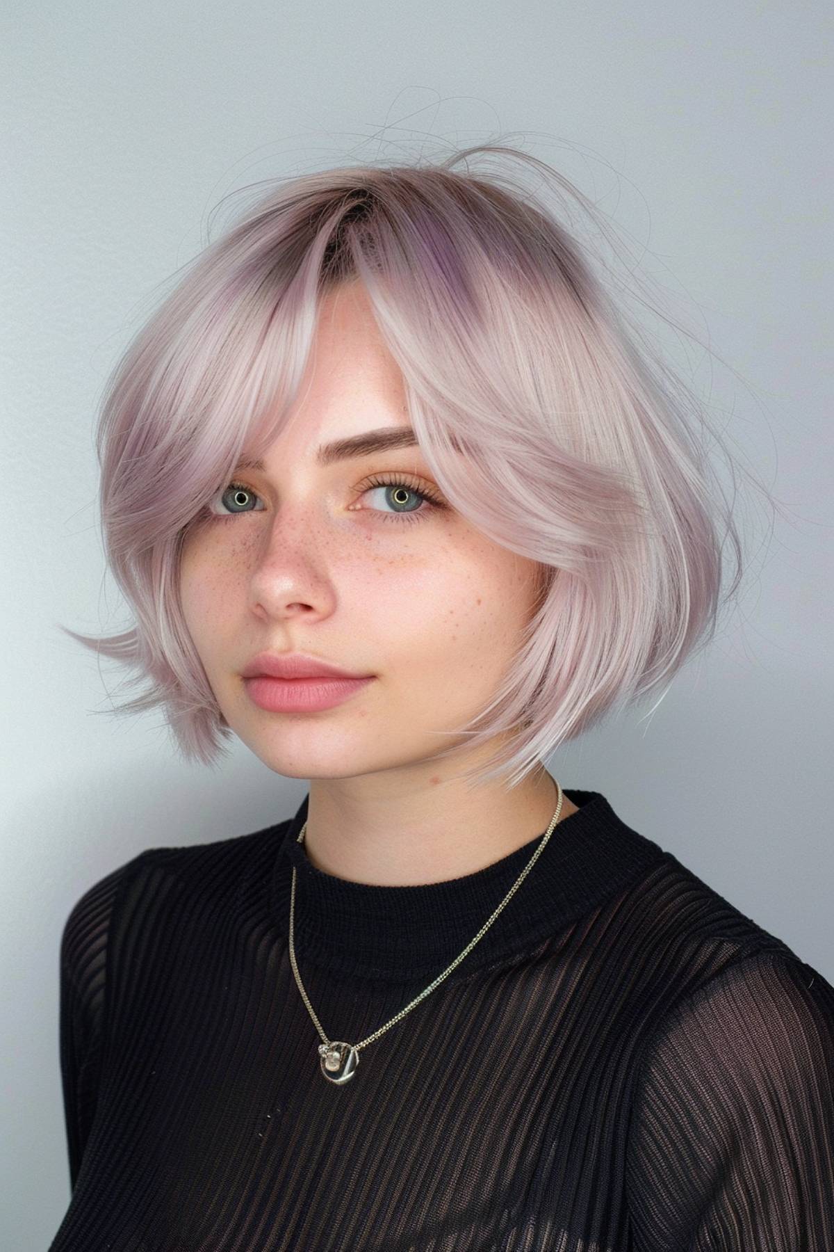 Aurabob Cut – pastel lilac layered bob for round faces