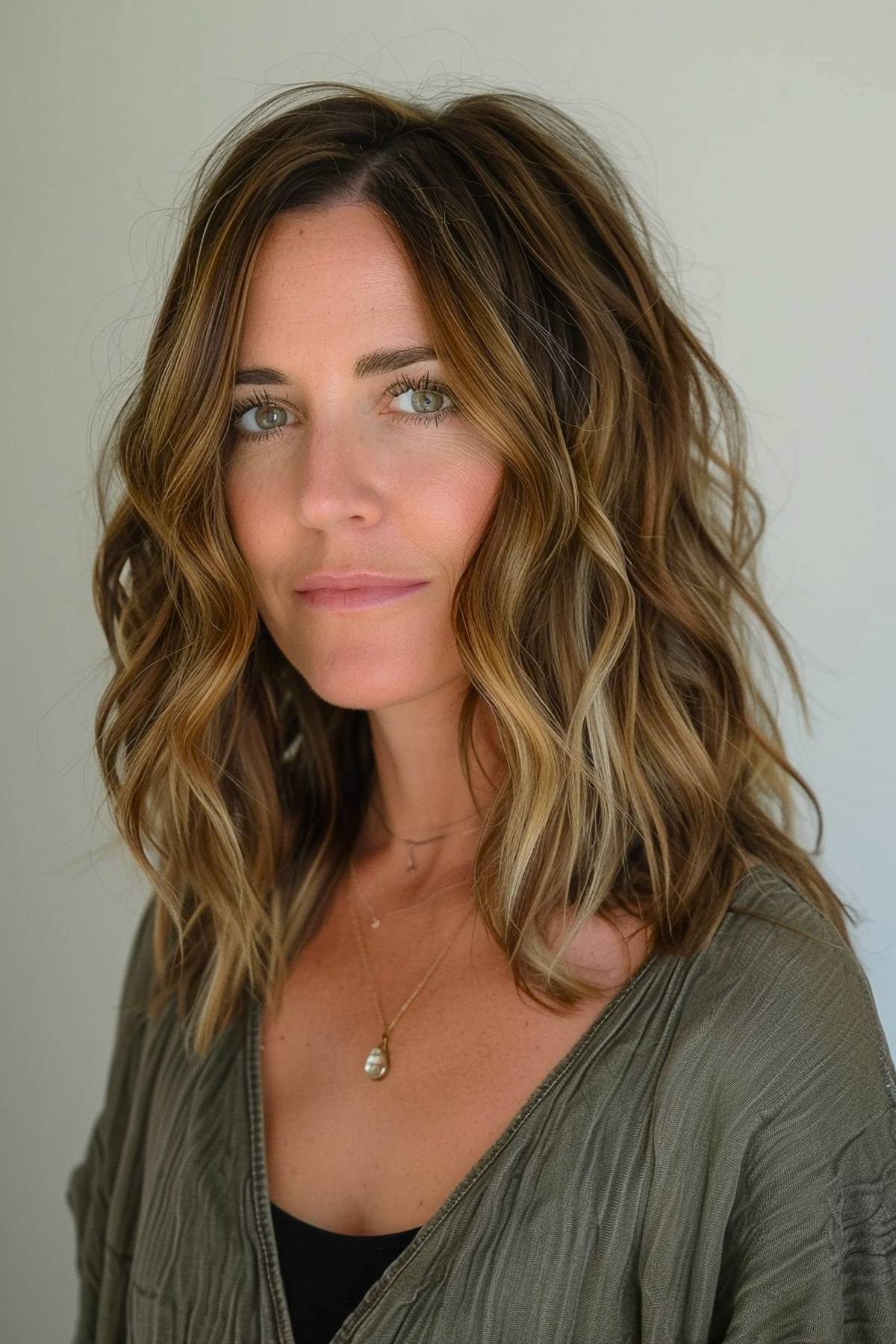 Medium layered haircut with bronde color and face-framing highlights