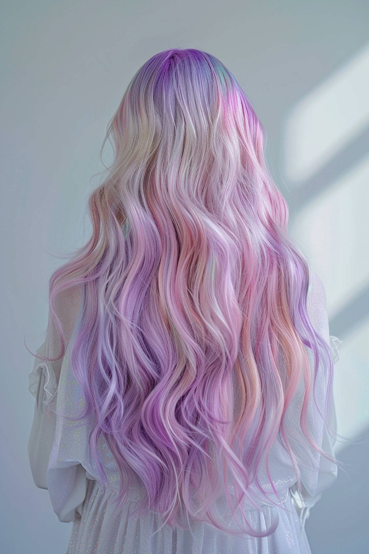 Pastel lilac and pink layered wavy long hairstyle