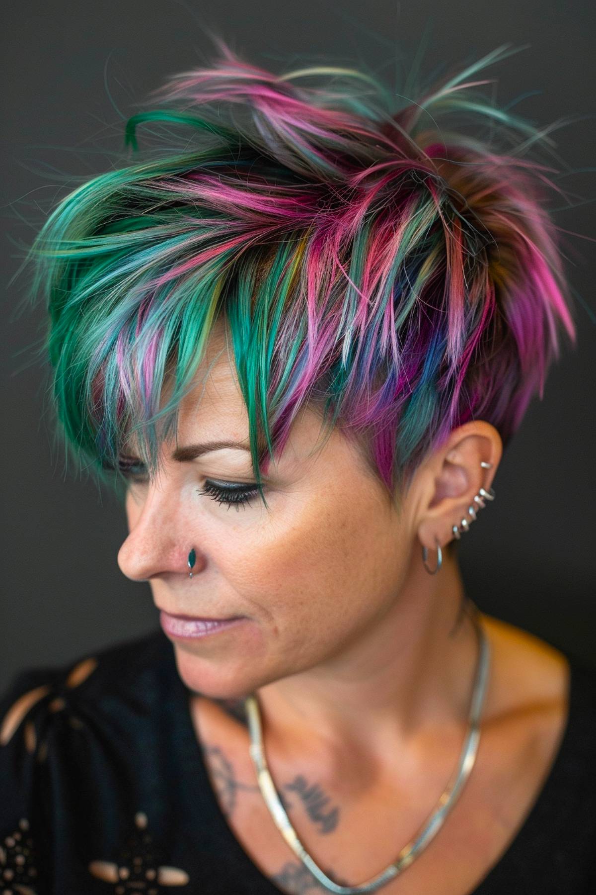 Auroracut pixie hairstyle with vibrant multicolored highlights