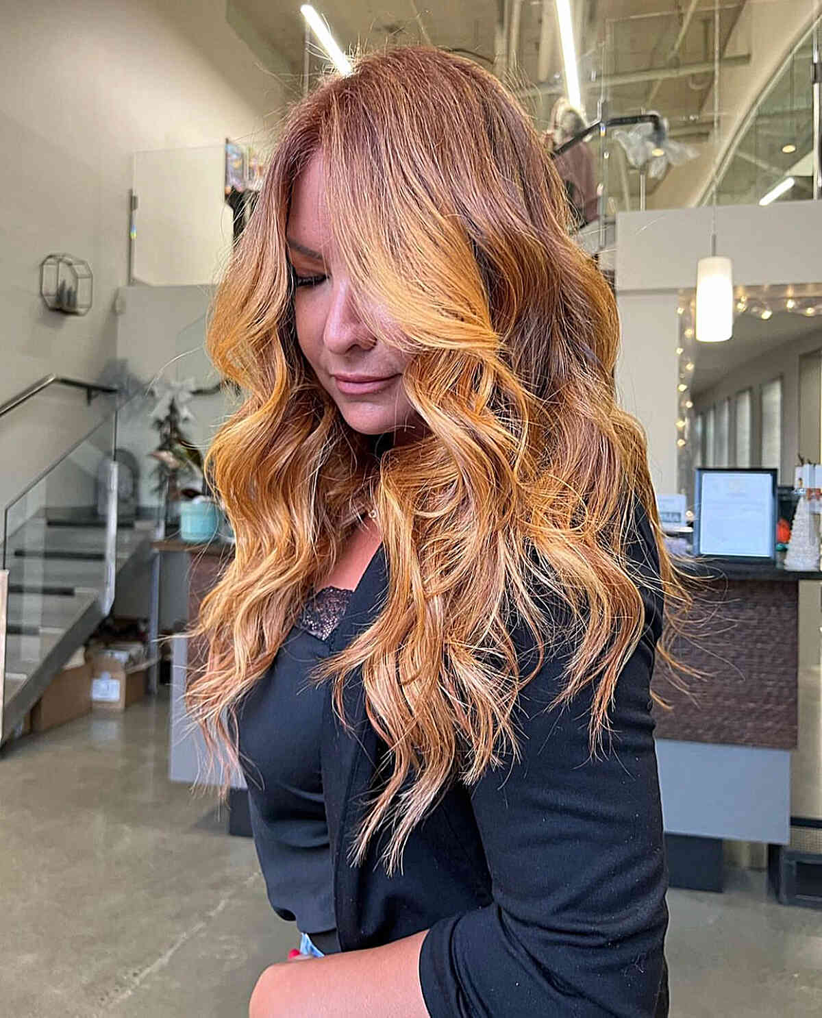 Autumn Blonde Ginger Balayage on Long Haired Ladies Over Forty