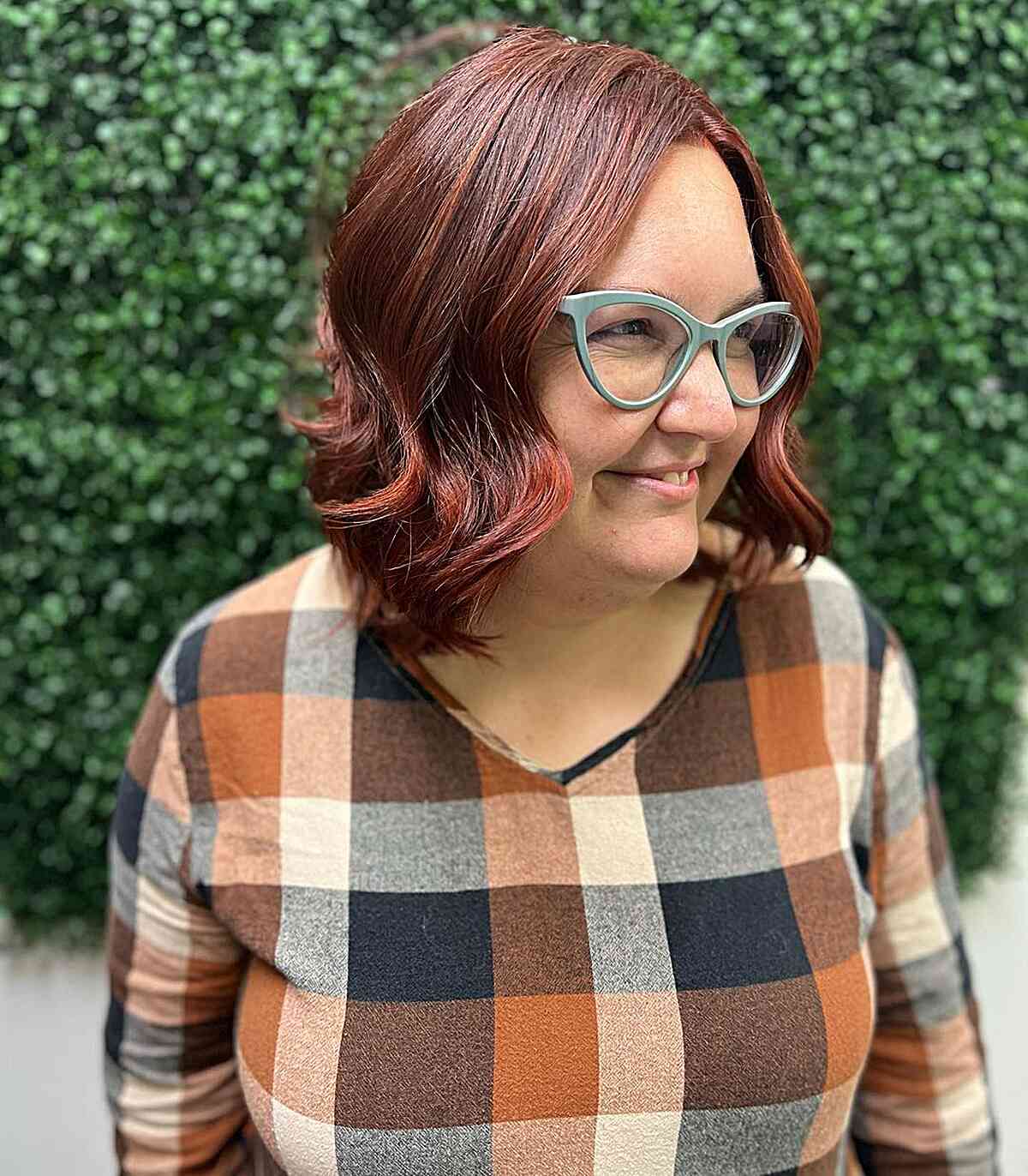 Autumn Shoulder-Length Red Brown Layered Hair on Older Women Aged 40
