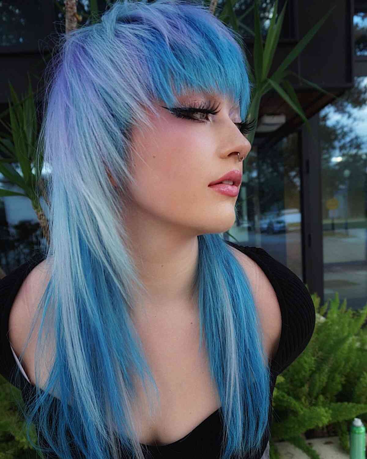 Baby Blue Hair with Light Purple Highlights on Long Straight Hair with Bangs